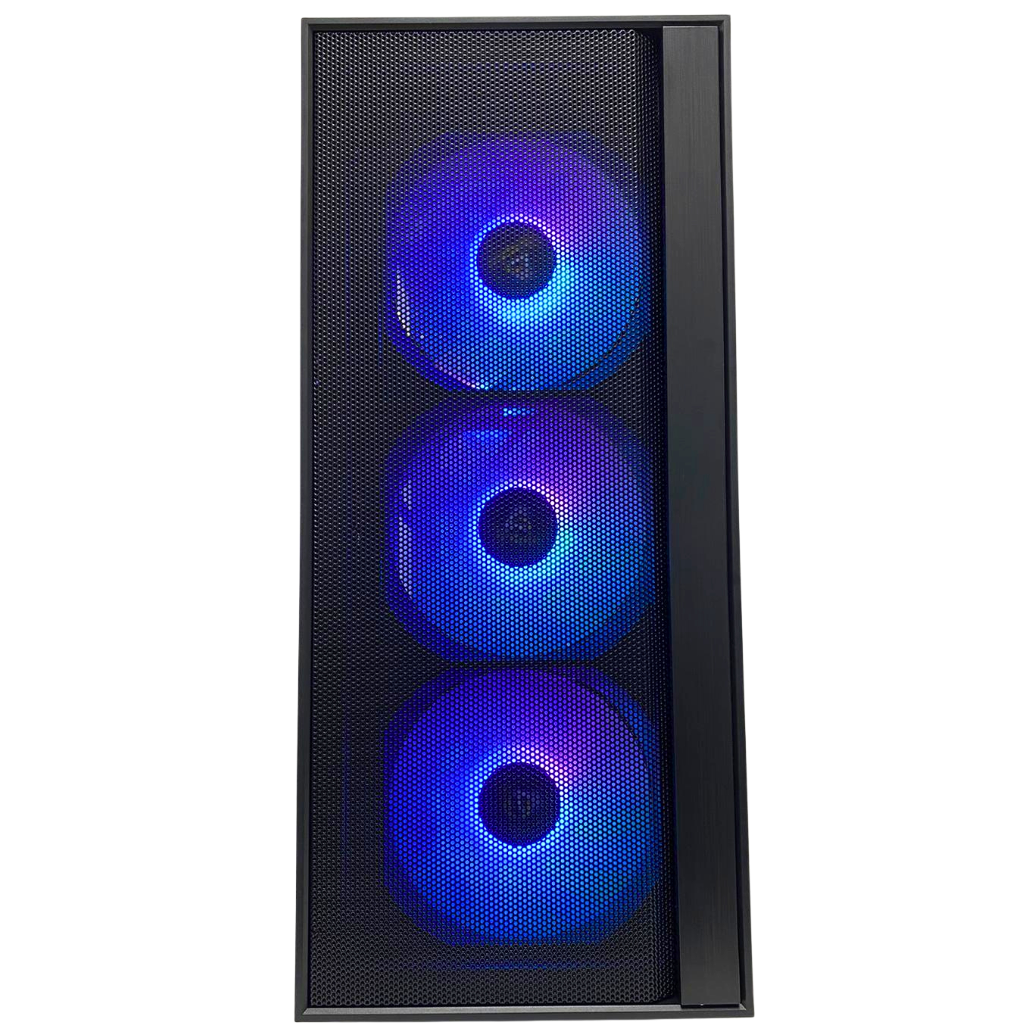 Una caja de ordenador negra con tres ventiladores iluminados.