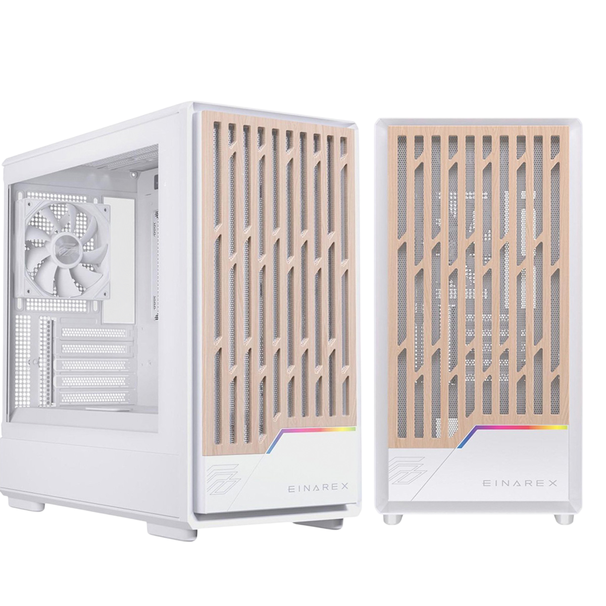 Dos cajas de PC blancas con panel frontal de madera y luces RGB.