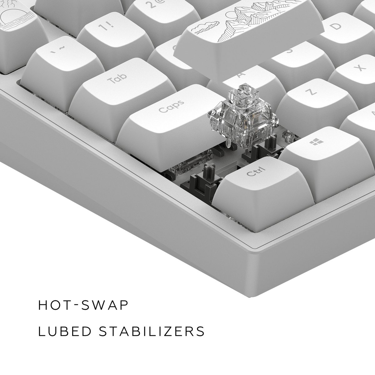 Nahaufnahme einer weißen Tastatur mit einem durchsichtigen Schalter.