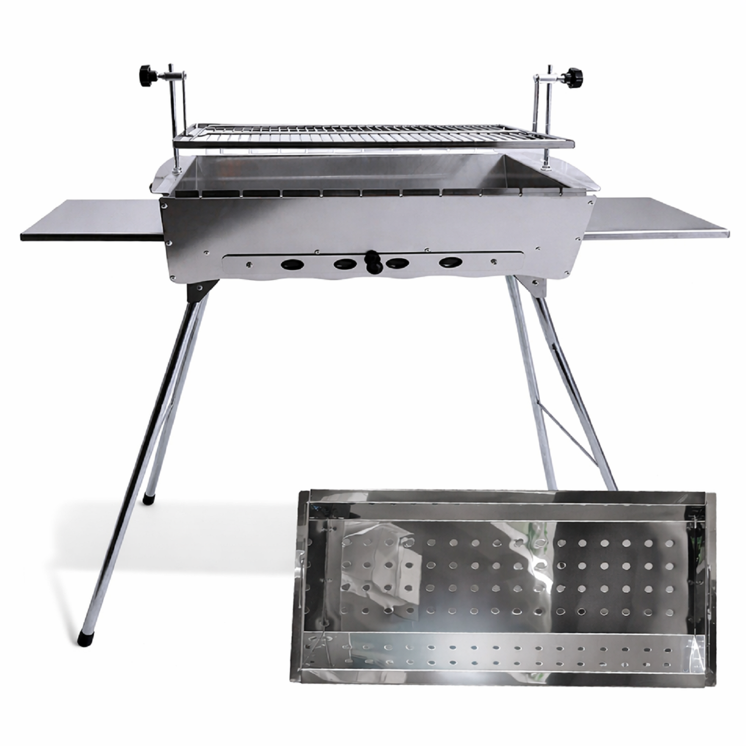 Ein Edelstahlgrill mit ausklappbaren Seitenablagen und einem separaten Grillrost.