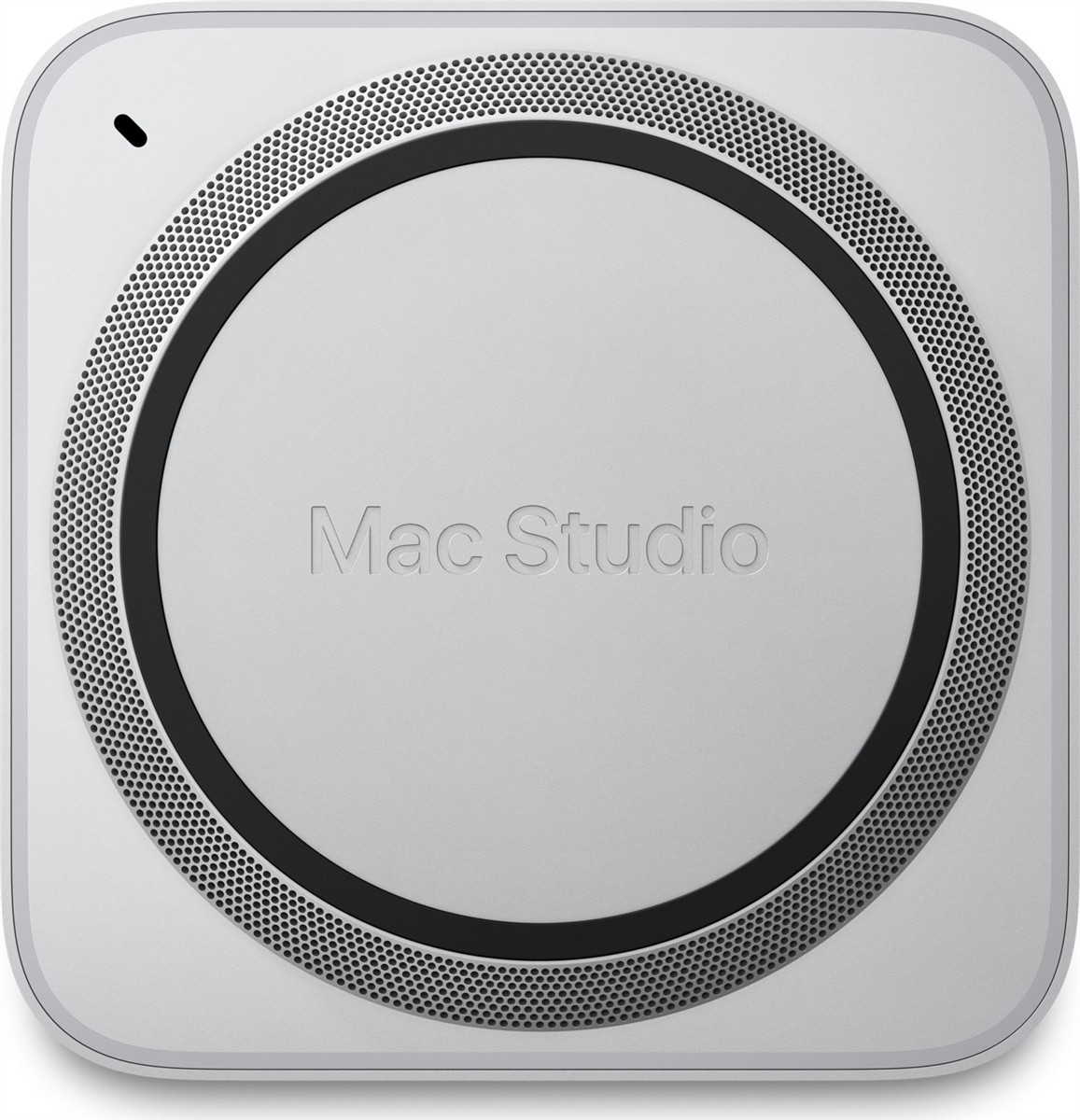 Silberner Mac Studio mit Lüftungsgitter und "Mac Studio"-Schriftzug.