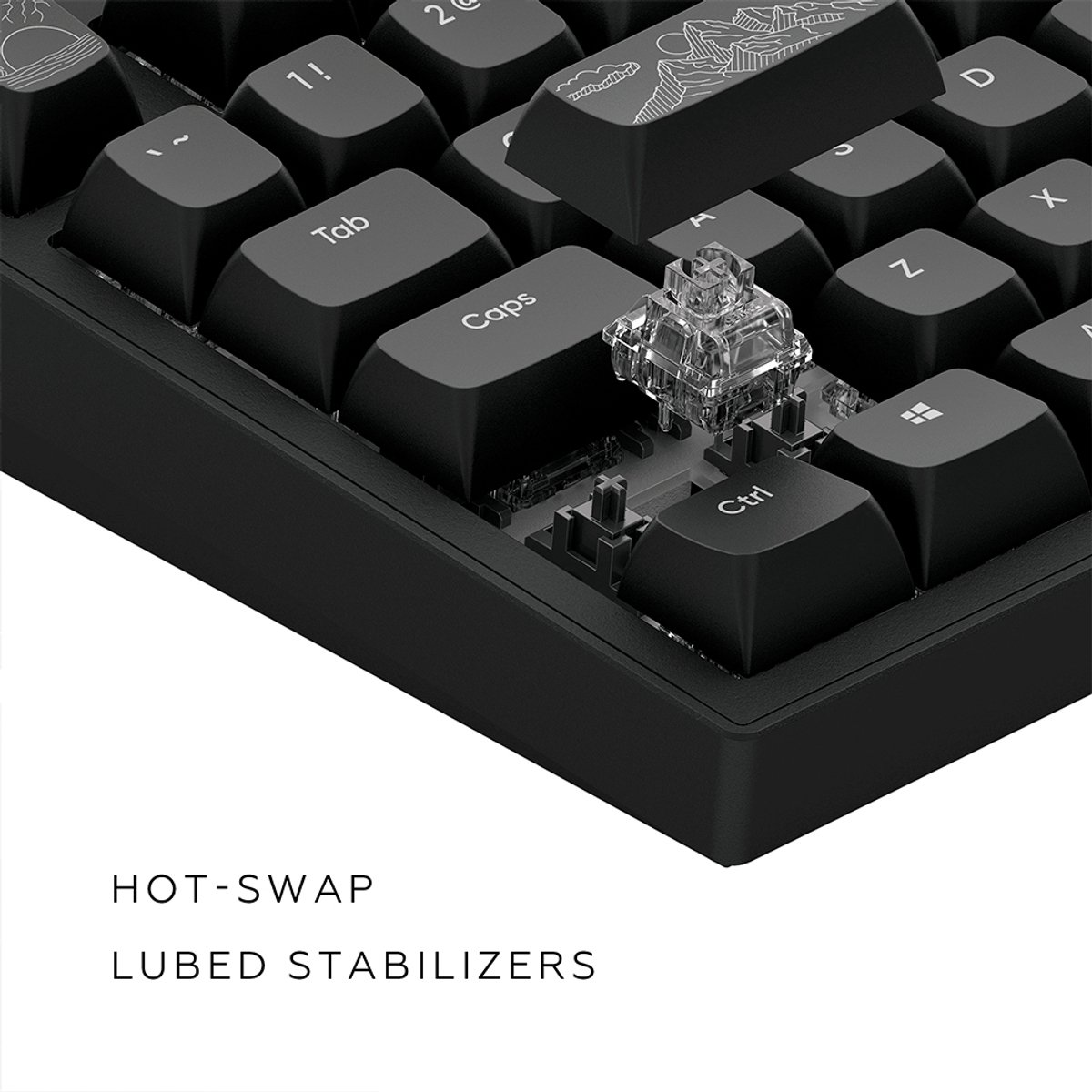 Ein schwarzes Keyboard mit transparentem Schalter und sichtbaren Stabilisatoren.