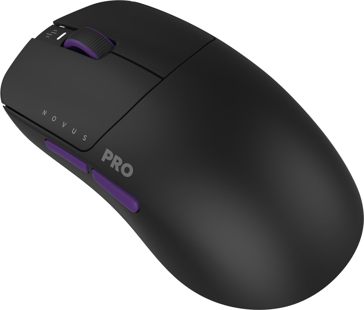 Zwarte muis met paars wiel en knoppen, met opschrift „NOVUS PRO“.