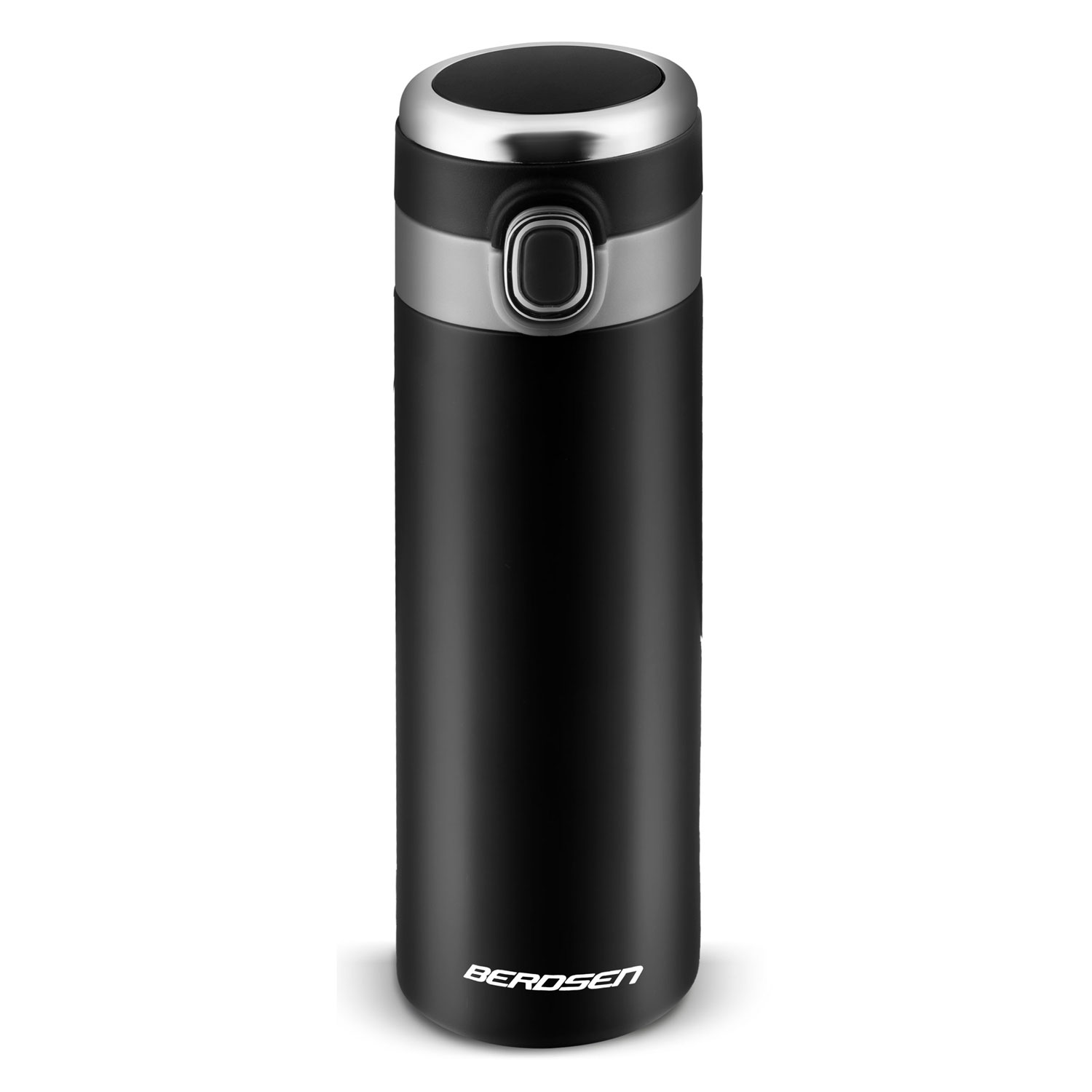 Czarny termos z srebrną nakrętką i logo.