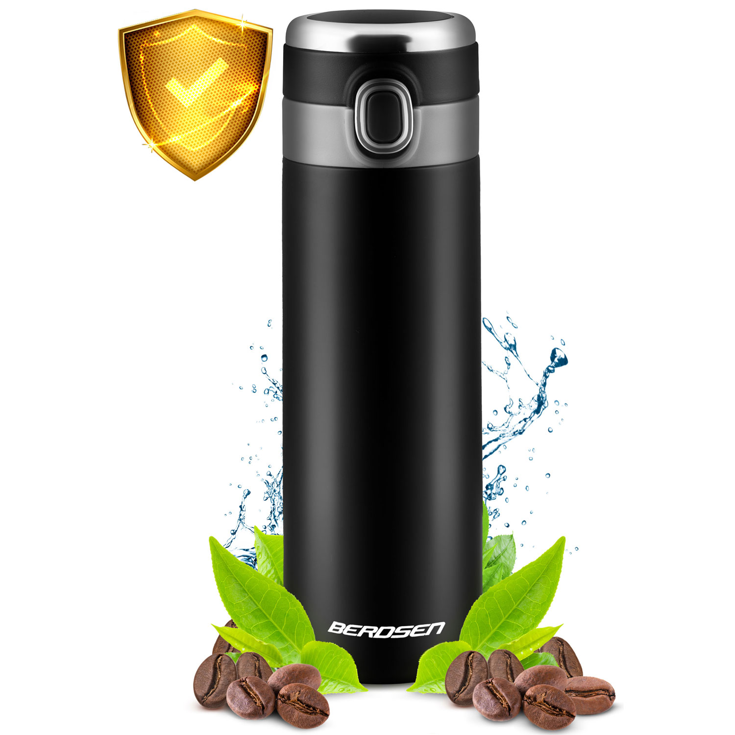 Czarny termos z tarczą, ziarnami kawy i liśćmi.