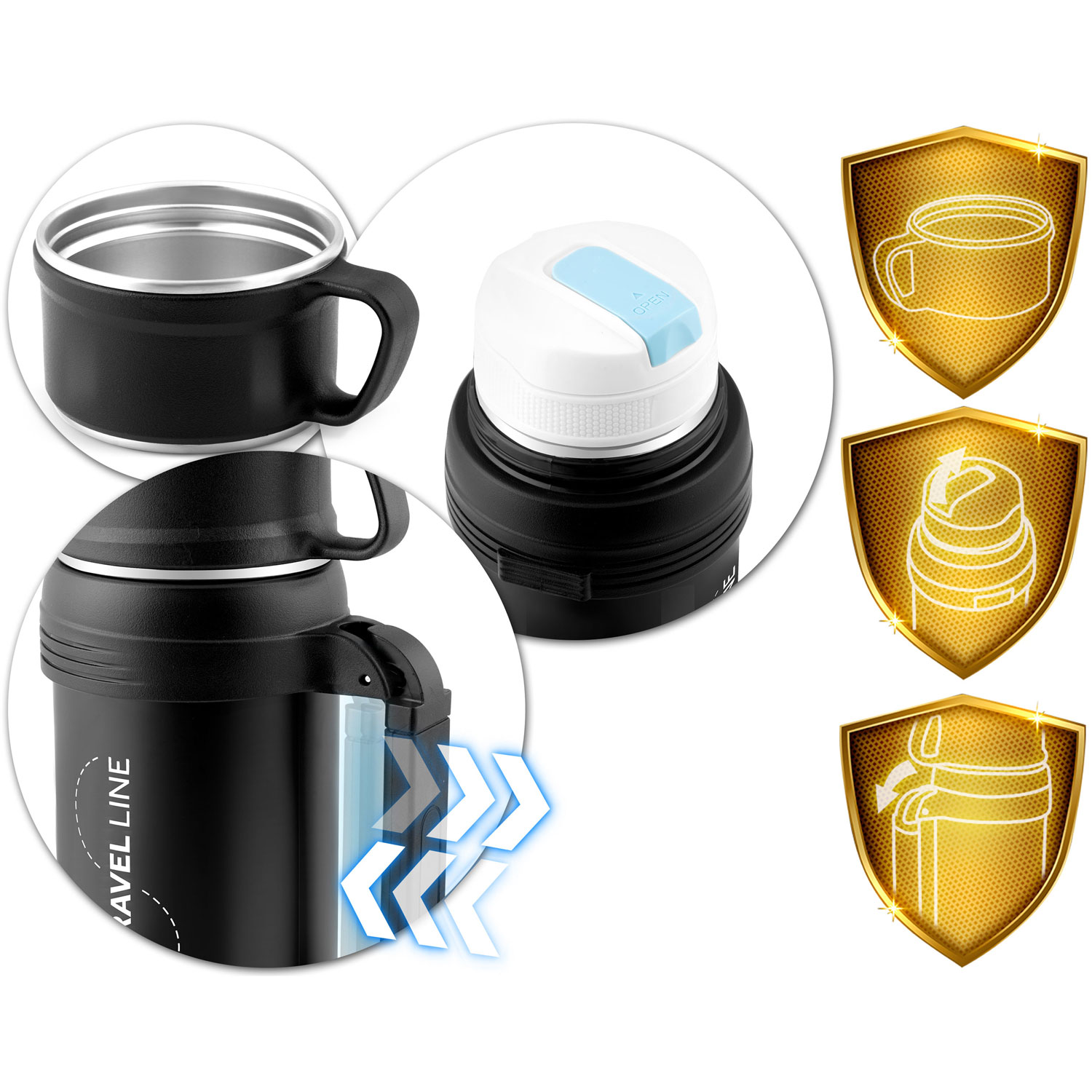 Czarny kubek termiczny z srebrną obręczą, uchwytem i pokrywką. Detale na tarczach.