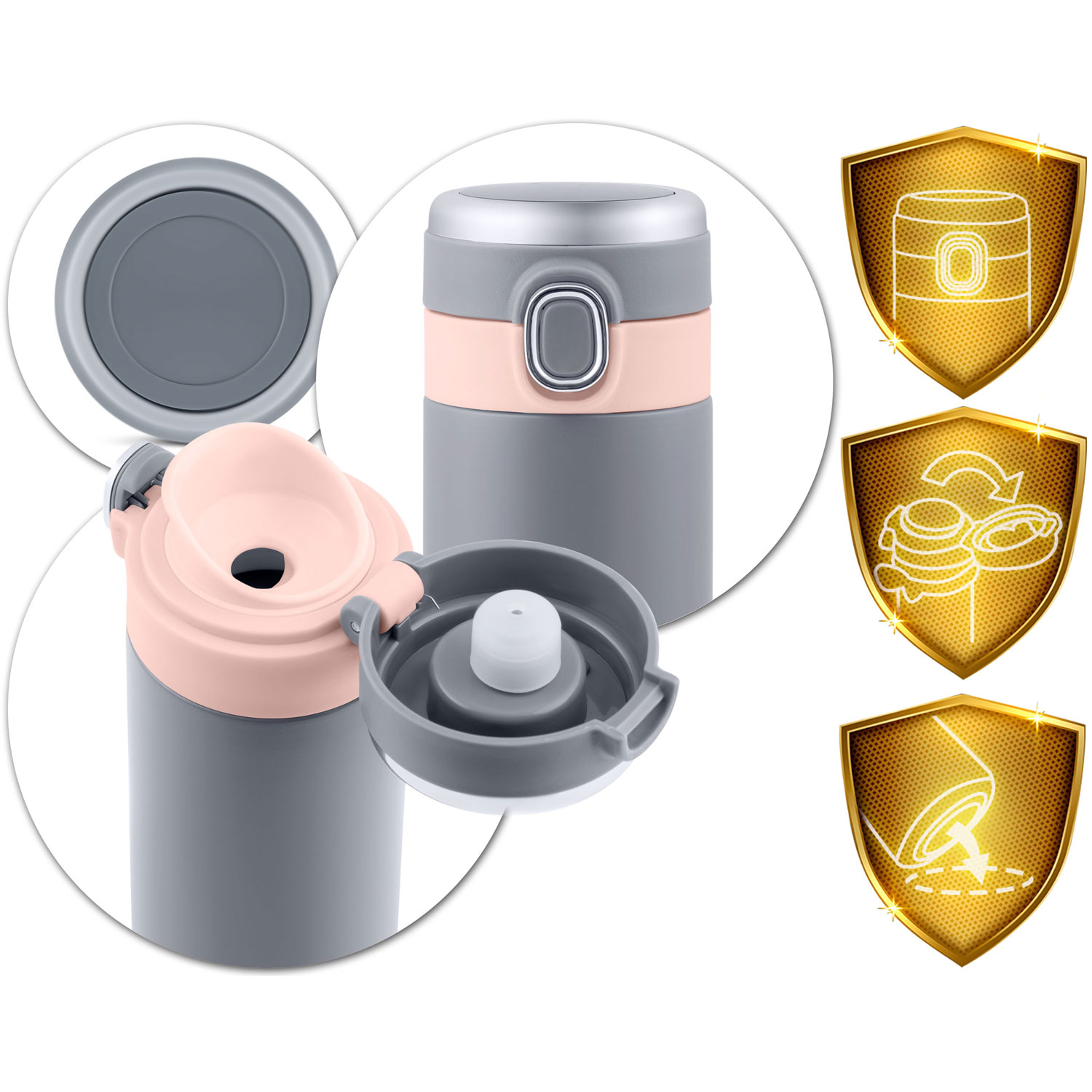 Szary termos z różowymi akcentami, pokazany otwarty. Ikony po prawej.