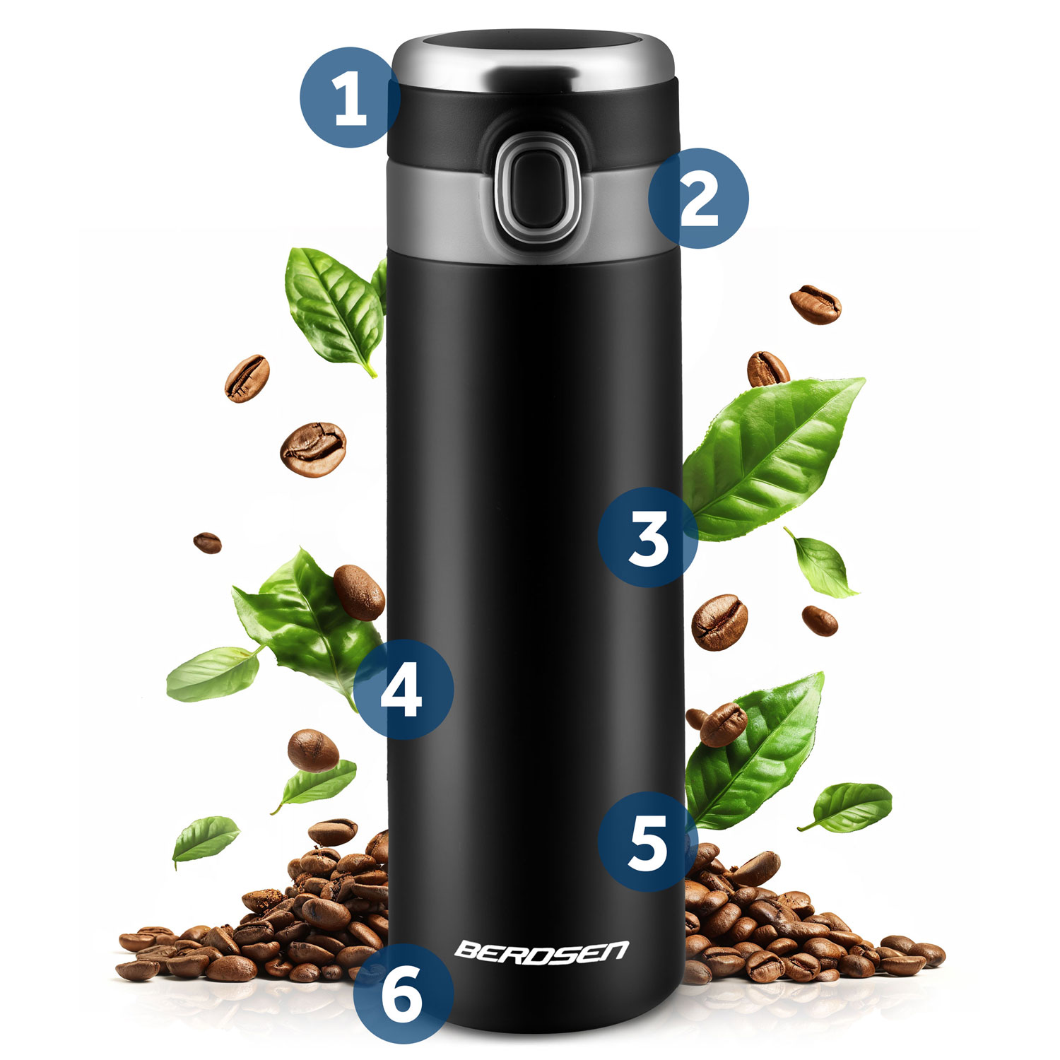 Czarny termos otoczony unoszącymi się ziarnami kawy i zielonymi liśćmi.