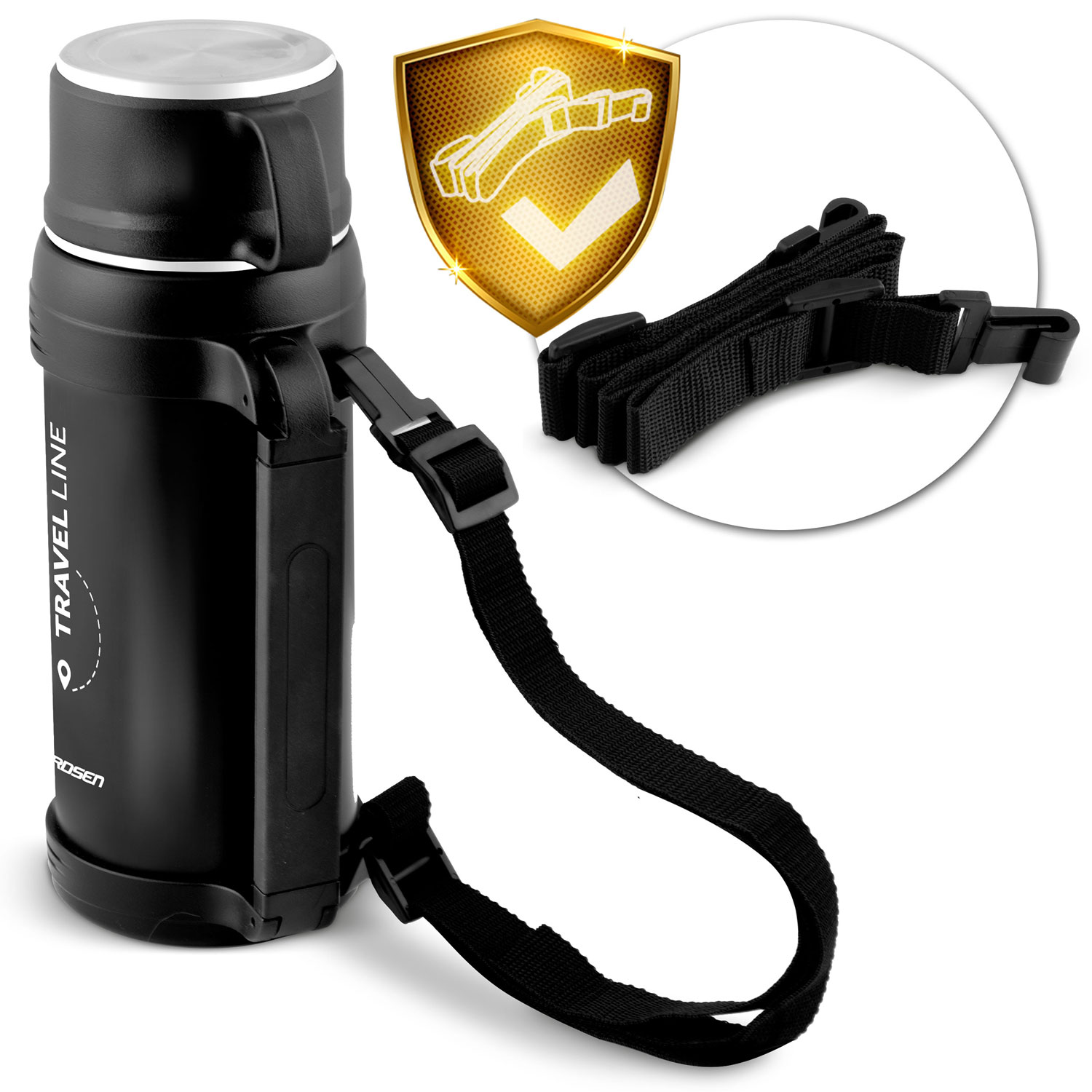Czarny termos z paskiem i złotą ikoną tarczy.