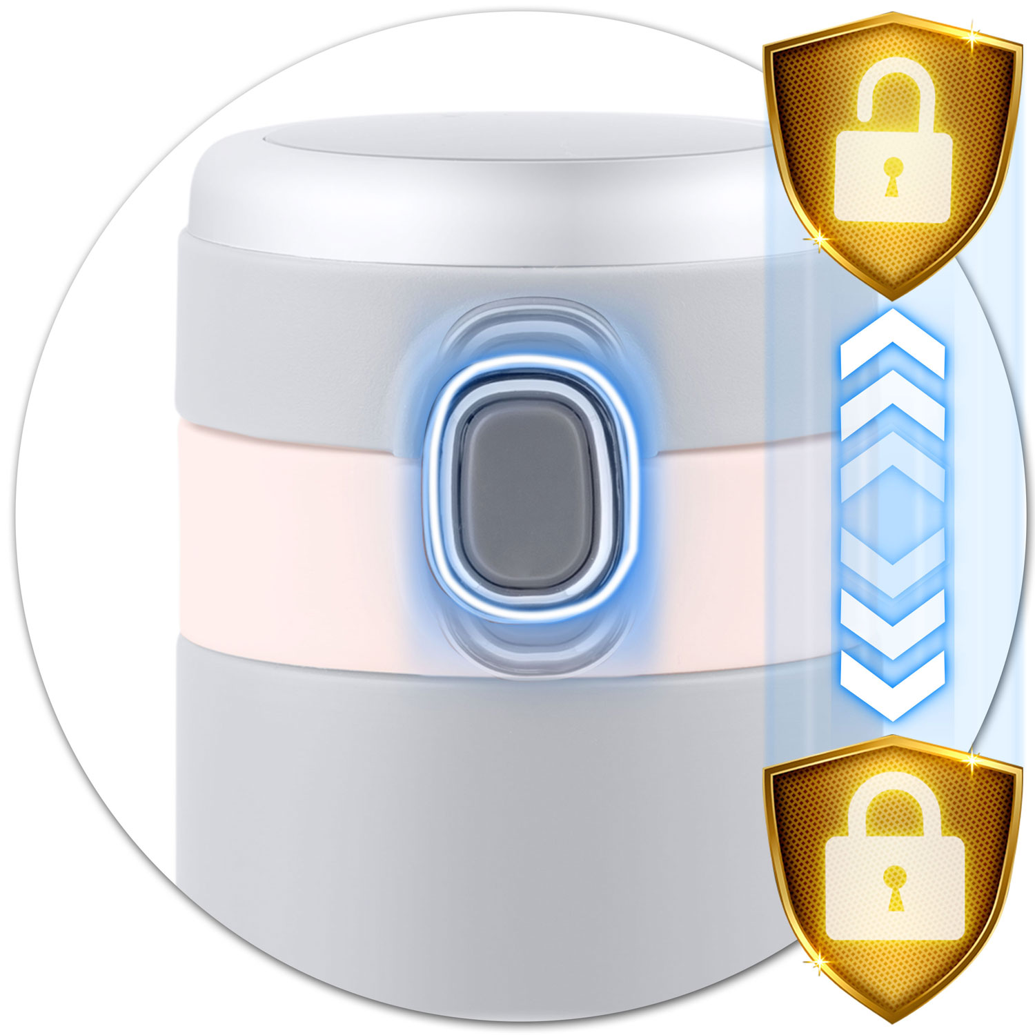 Szary pojemnik z różową opaską i świecącym na niebiesko przyciskiem. Dwa złote tarcze z kłódkami.