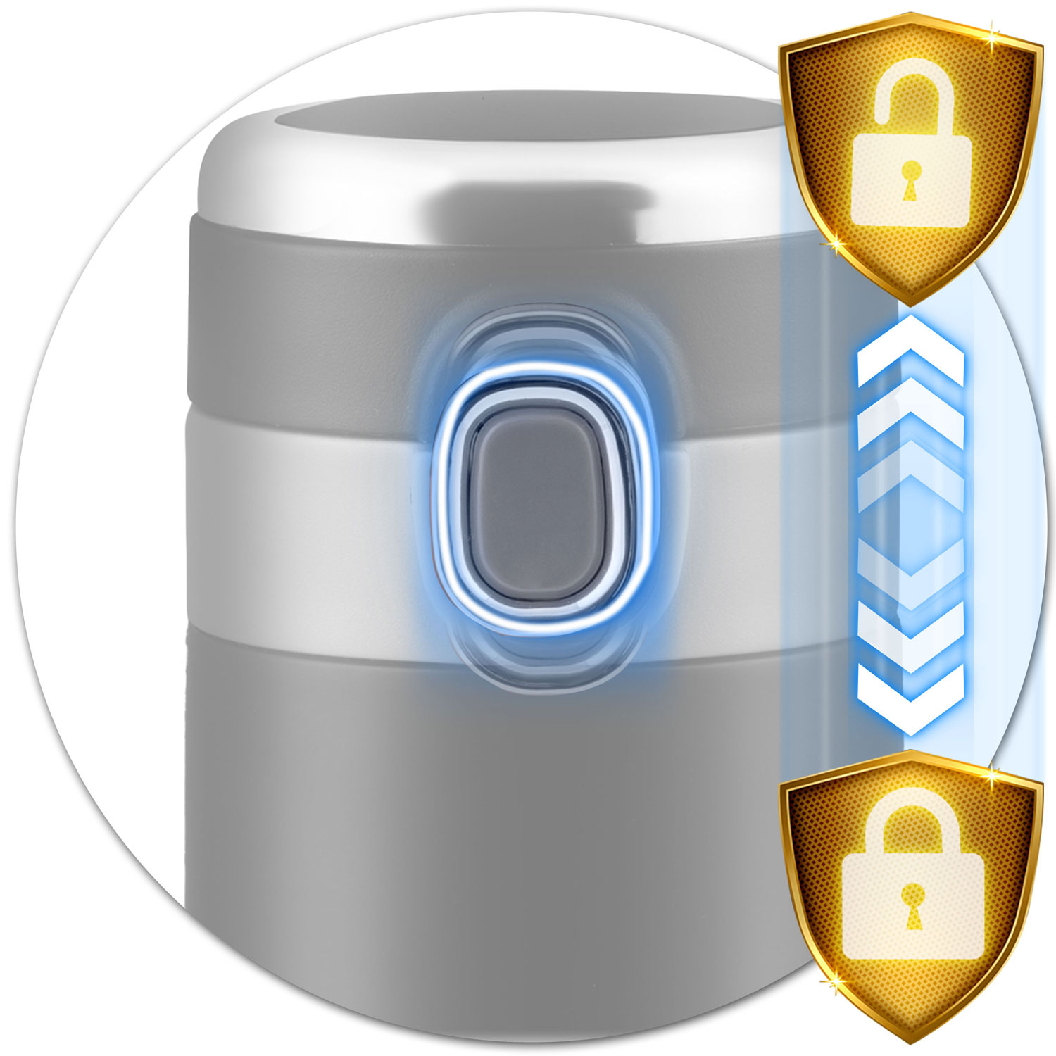 Szare urządzenie z niebieskim podświetlanym przyciskiem i tarczami.