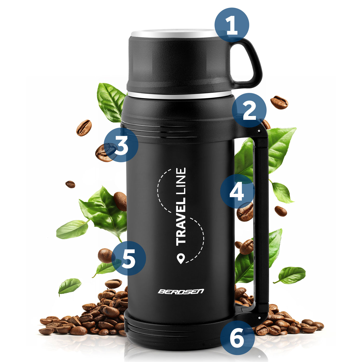 Czarny termos z uchwytem, otoczony ziarnami kawy i liśćmi.