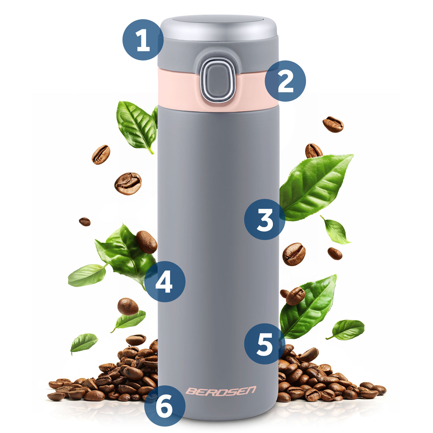 Szary termos z różowymi akcentami, otoczony ziarnami kawy i zielonymi liśćmi.