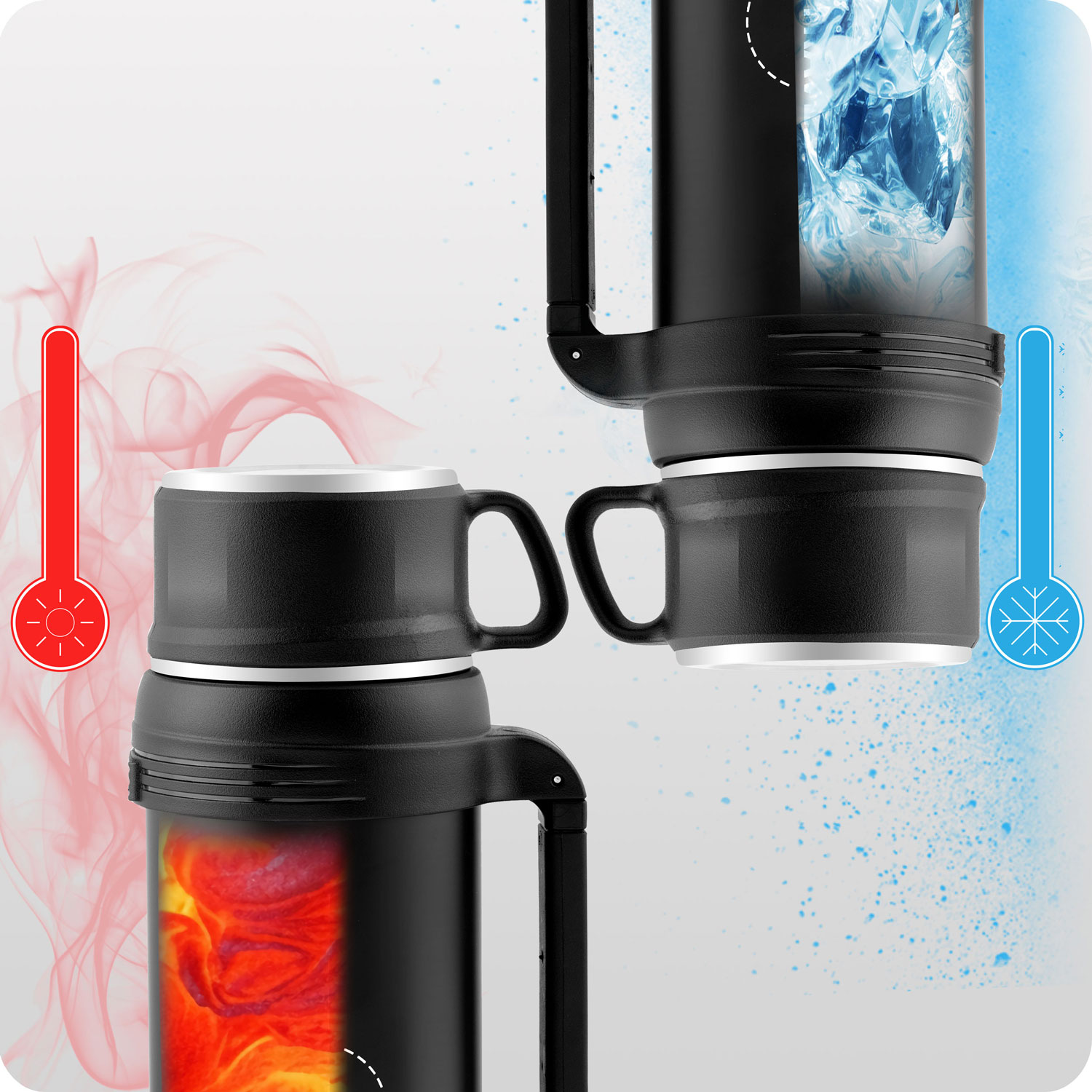 Dwa czarne kubki termiczne z uchwytami. Jeden pokazuje płomienie, drugi lód.
