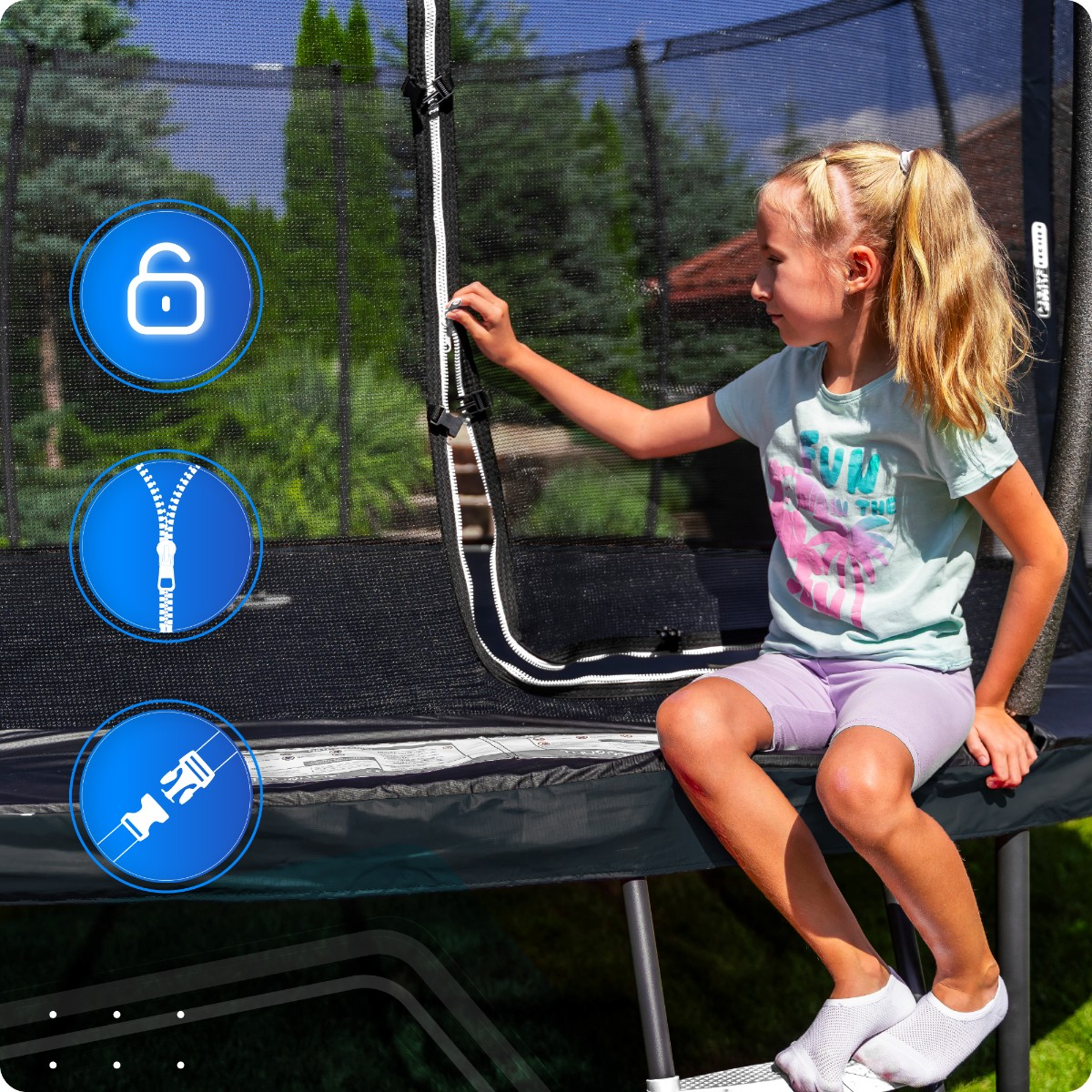 Dziewczynka na trampolinie, ikony zamka, kłódki i klamry.