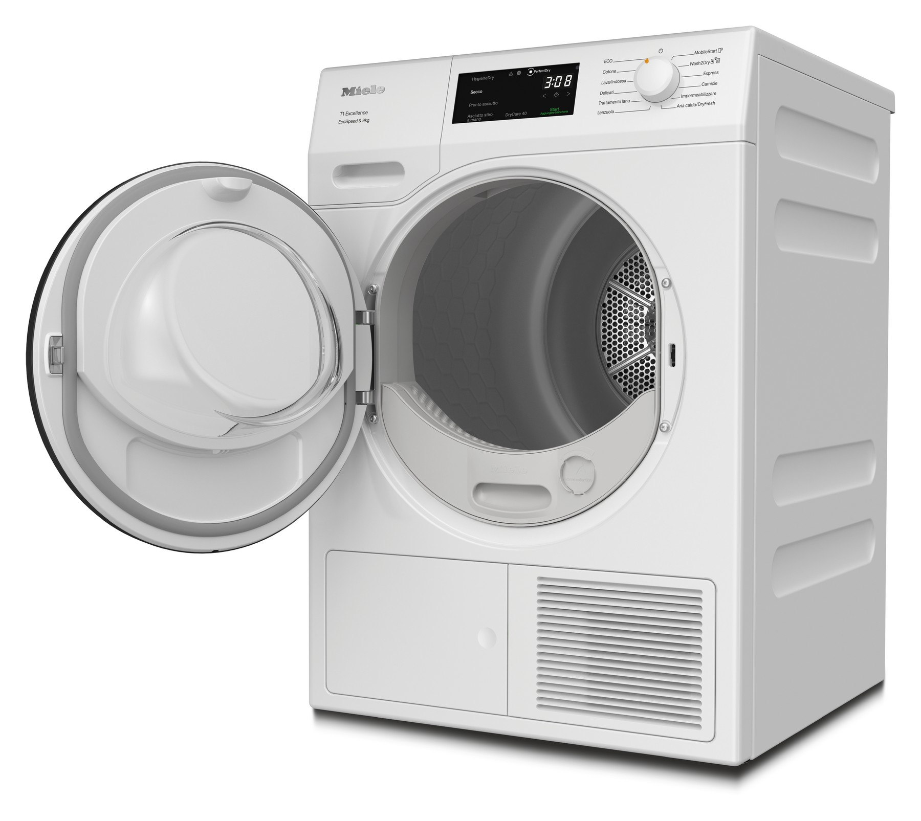 Asciugatrice Miele bianca con porta aperta, display mostra 3:08.