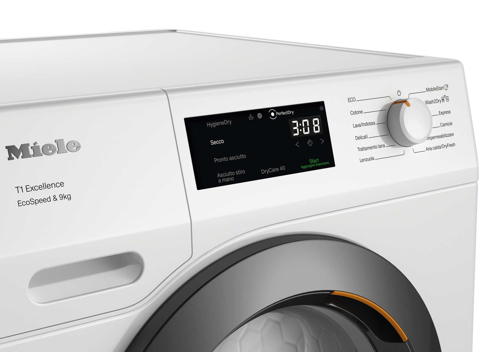 Asciugatrice Miele T1 Excellence bianca con display digitale che mostra 3:08 e opzioni.