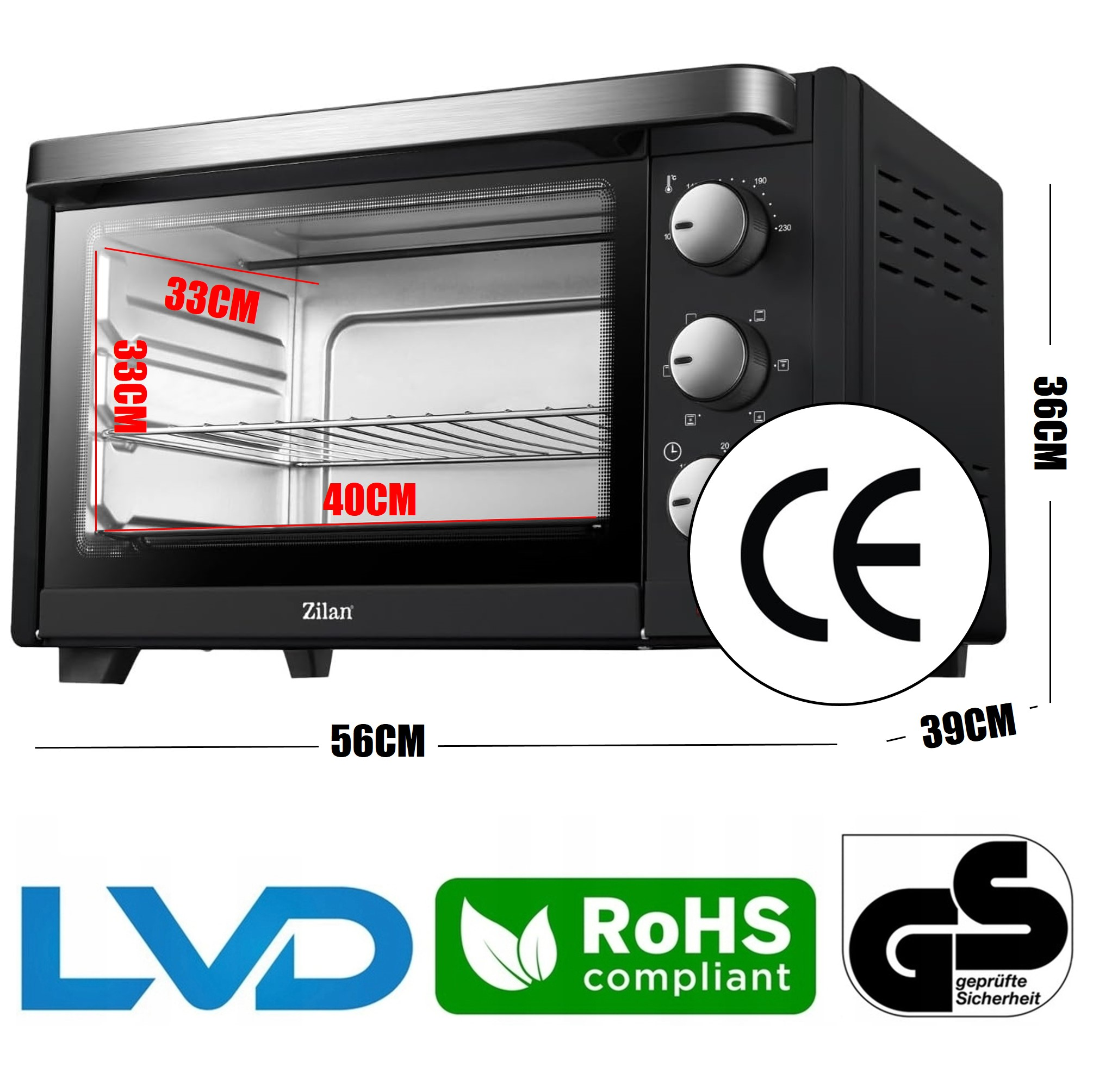 Czarny mini piekarnik Zilan o wymiarach 56x36x39cm, z certyfikatami CE i GS.