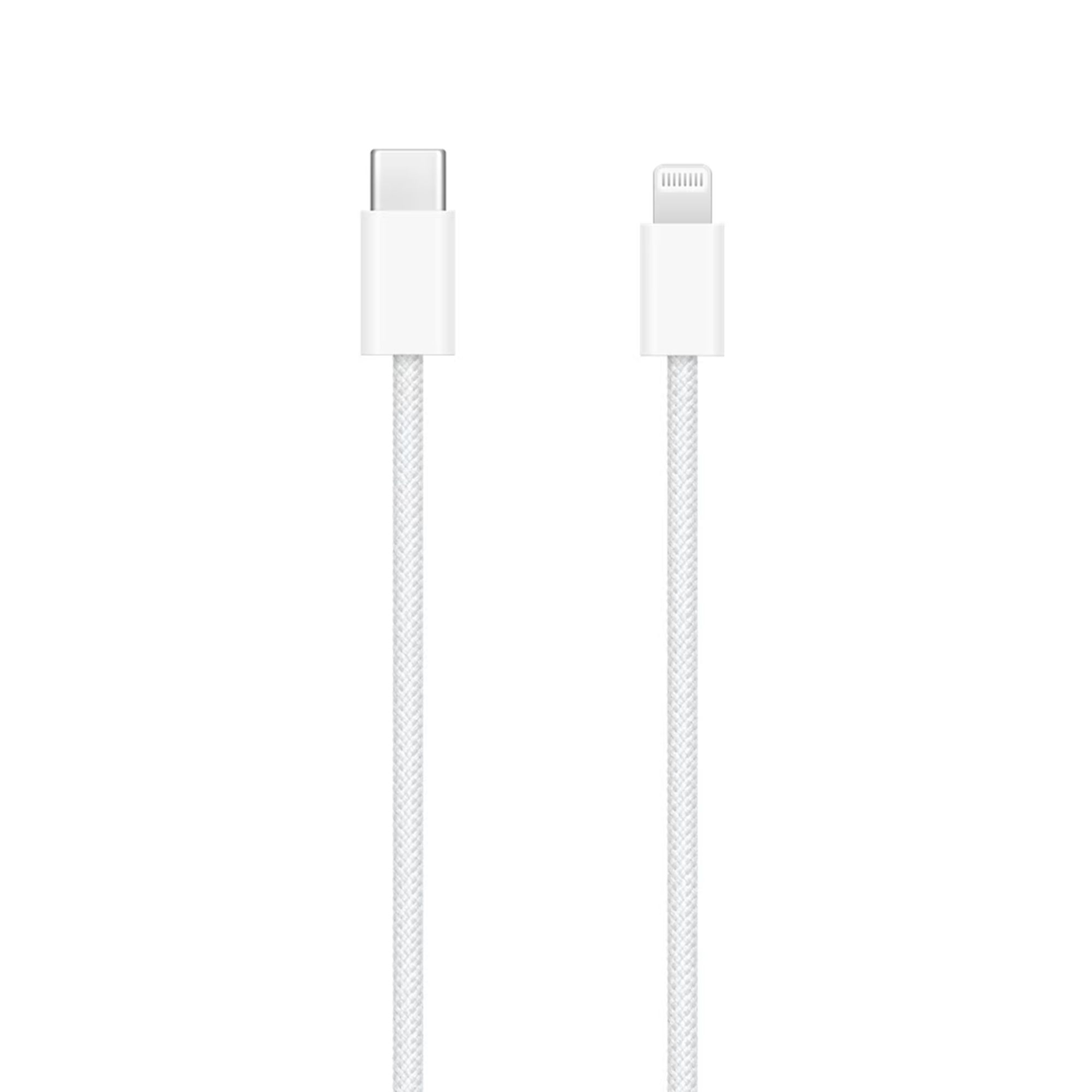 Biały kabel USB-C do Lightning z plecionym materiałem.
