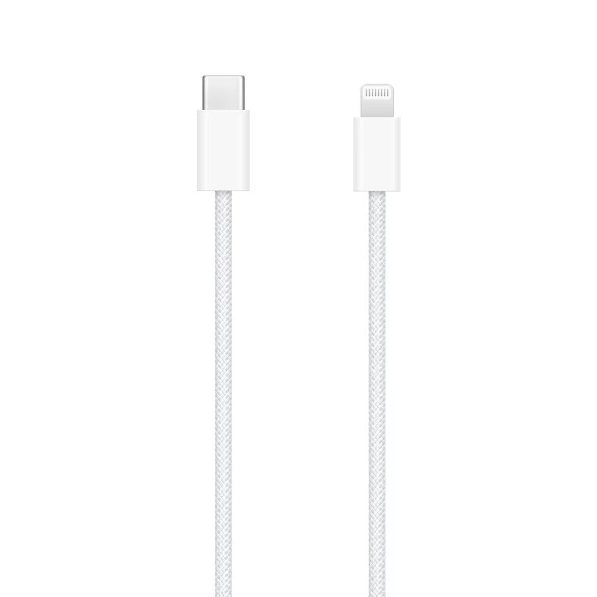 Dwa białe kable, złącza USB-C i Lightning, na białym tle.
