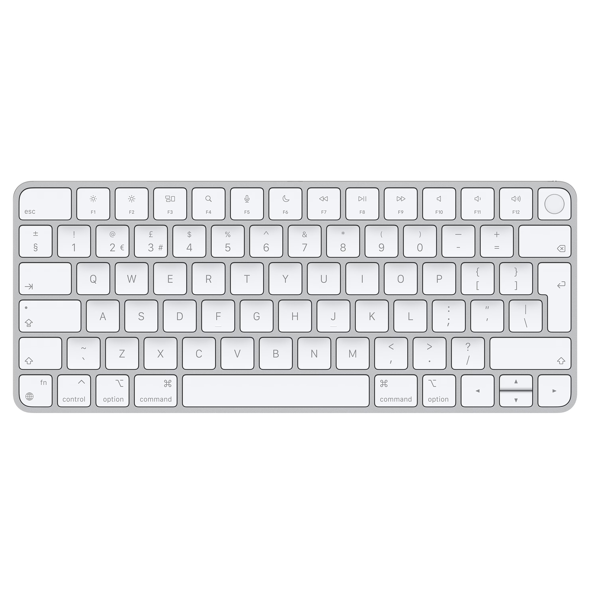 Srebrna klawiatura z białymi klawiszami i symbolami, leżąca na białym tle.