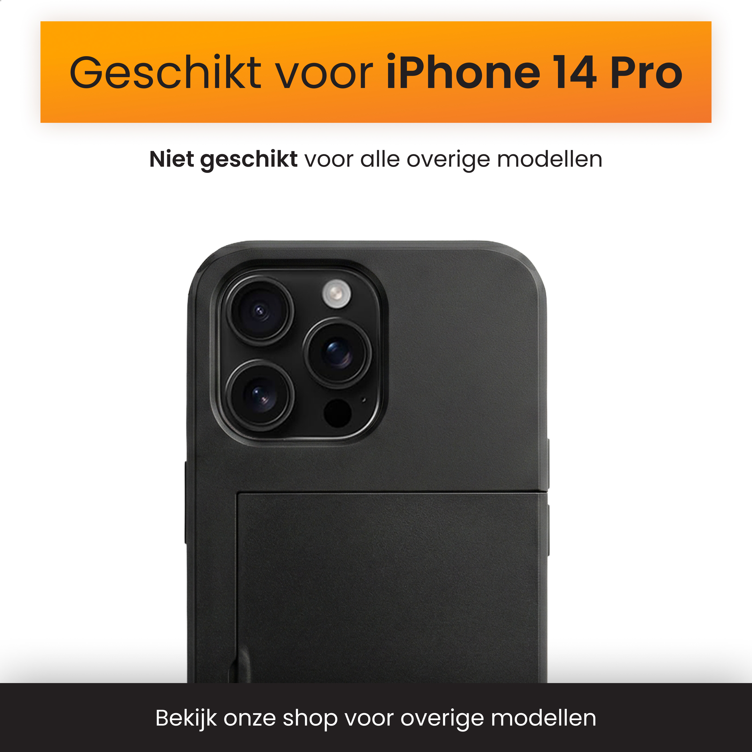 Zwarte iPhone 14 Pro hoes met drievoudige camera. Niet voor andere modellen.