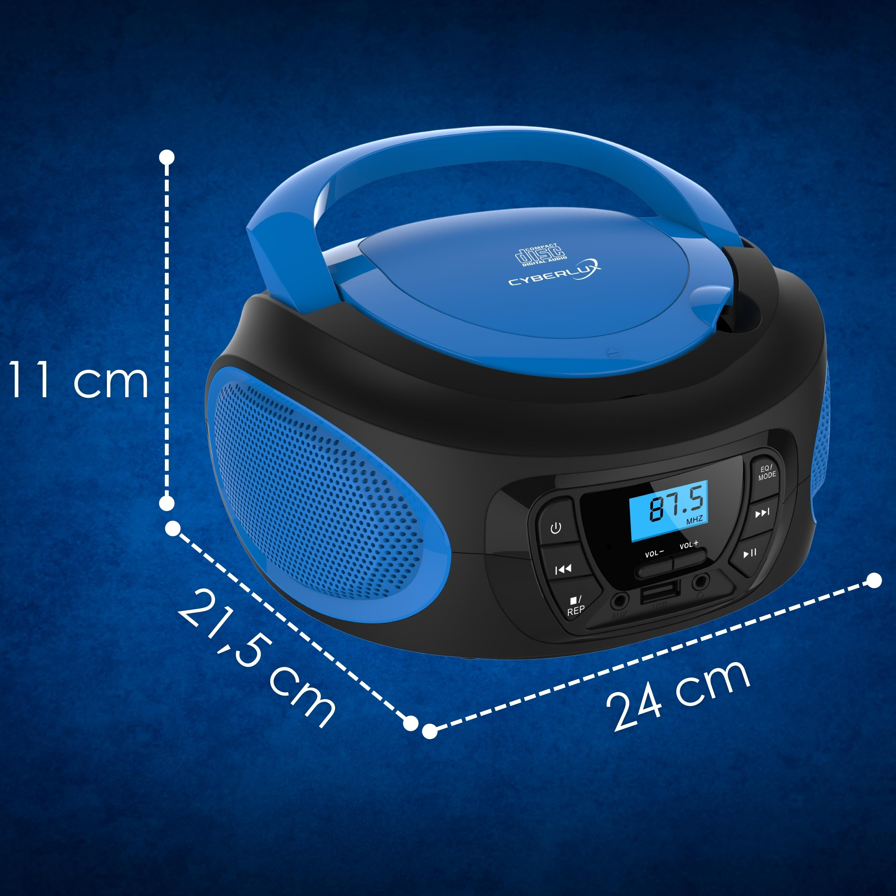 Ein blauer und schwarzer CD-Player mit Radio und Display, 24x21,5x11 cm.