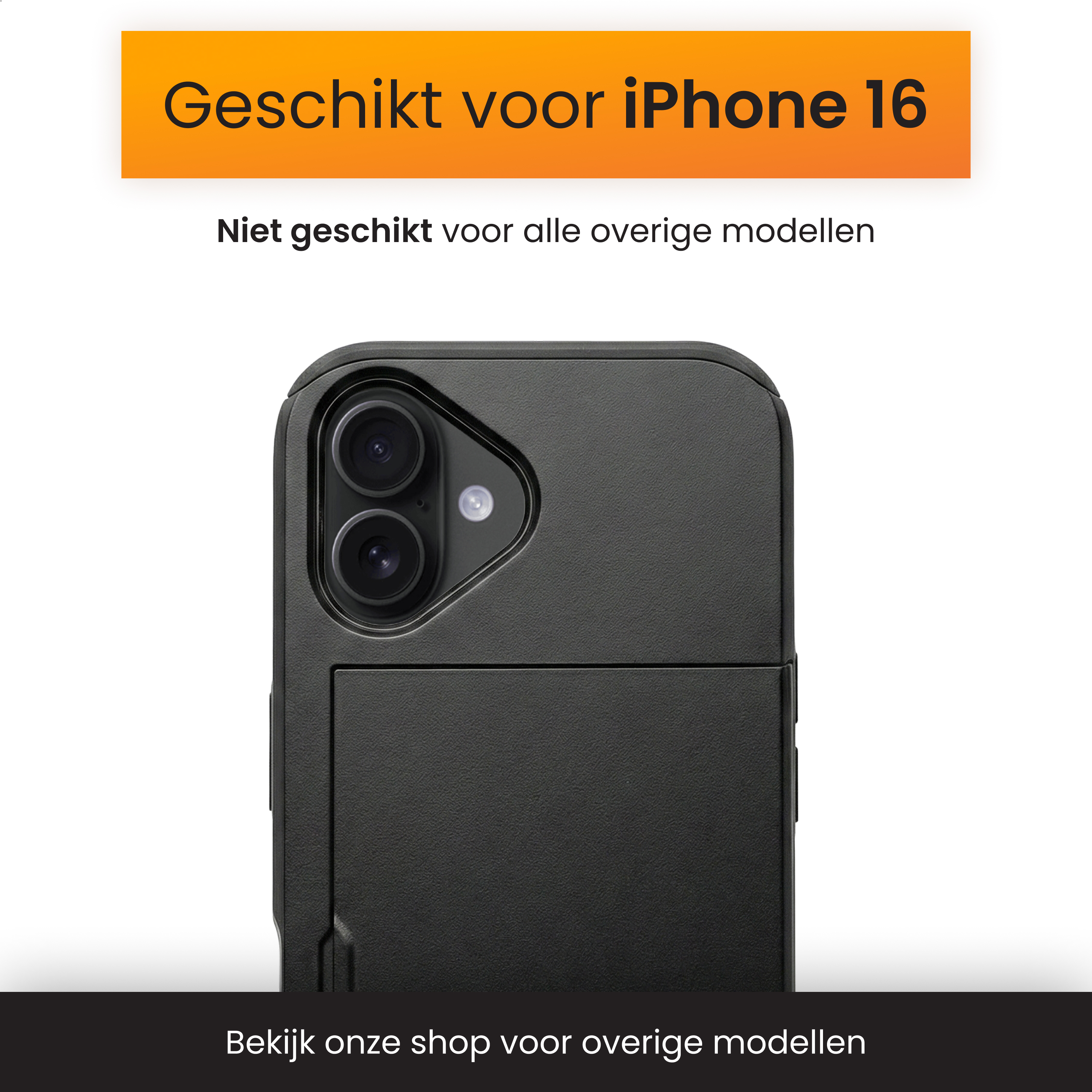Zwarte iPhone 16 hoes met drievoudige camera-uitsparing.