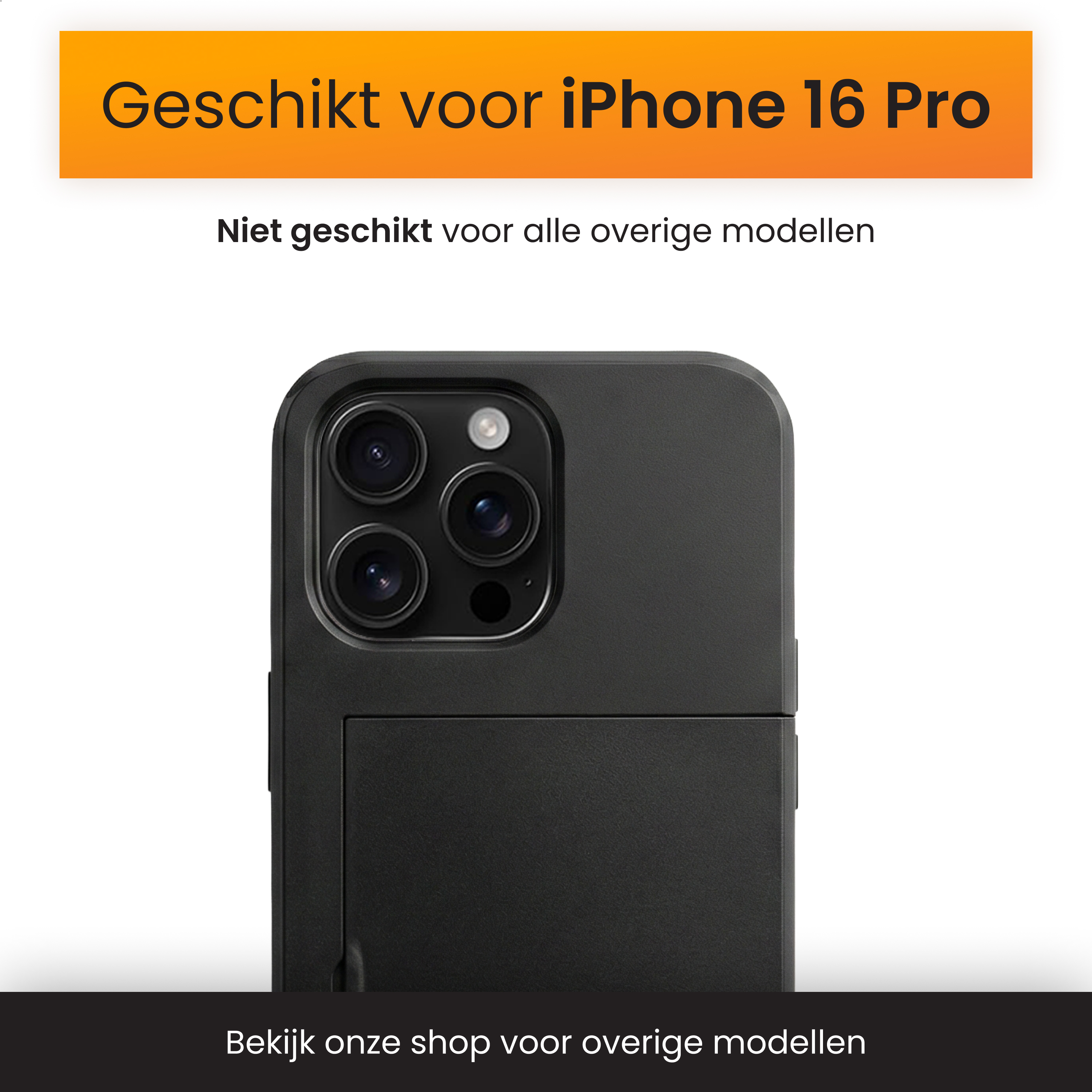 Zwarte telefoonhoes voor iPhone 16 Pro, met cameralenzen.