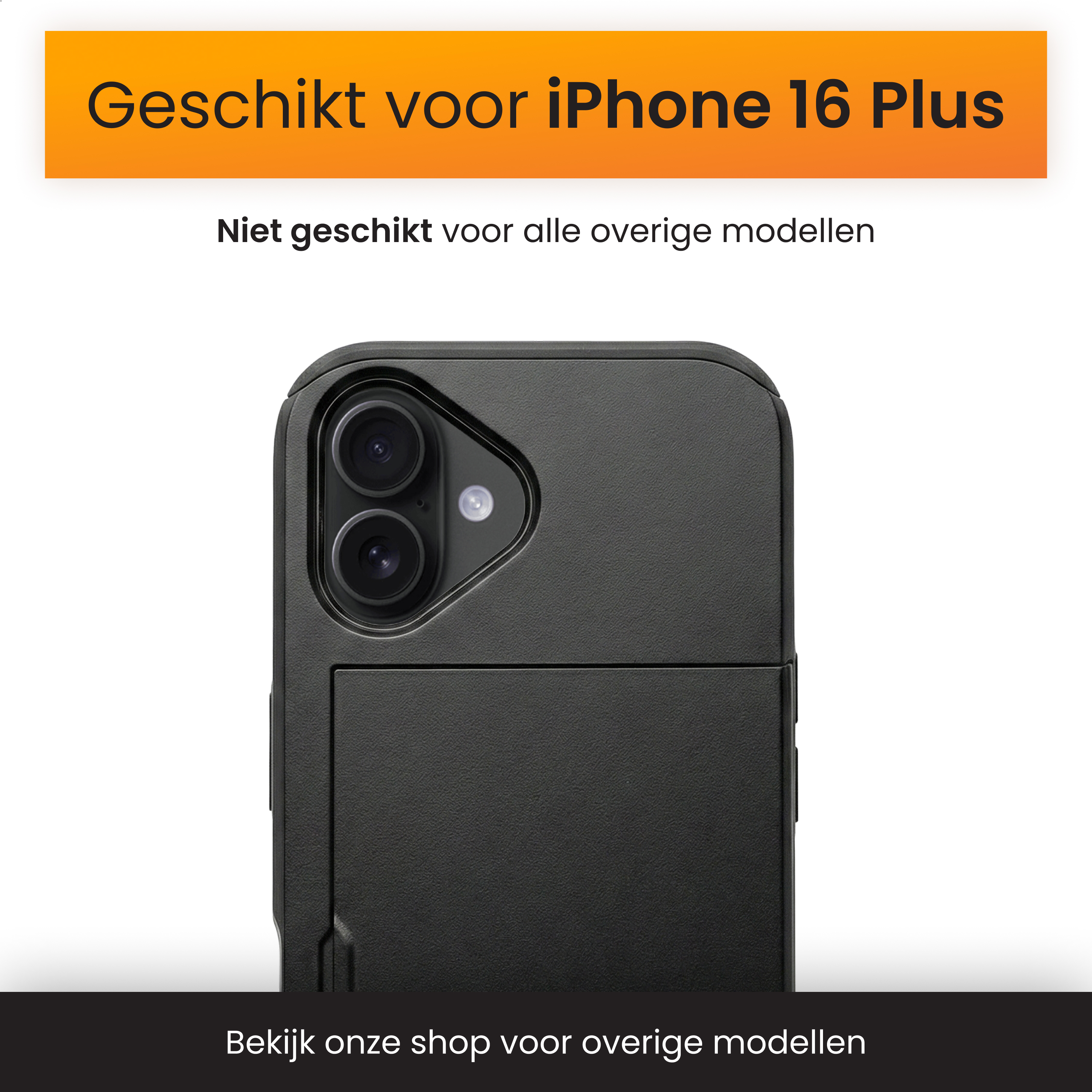 Zwarte iPhone 16 Plus hoes met camera-uitsparing. Niet voor andere modellen.