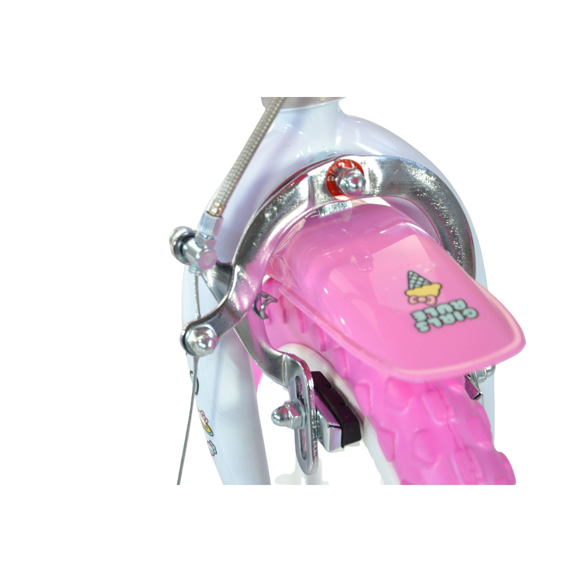 Zbliżenie na różowe błotniki roweru z naklejką lodową.