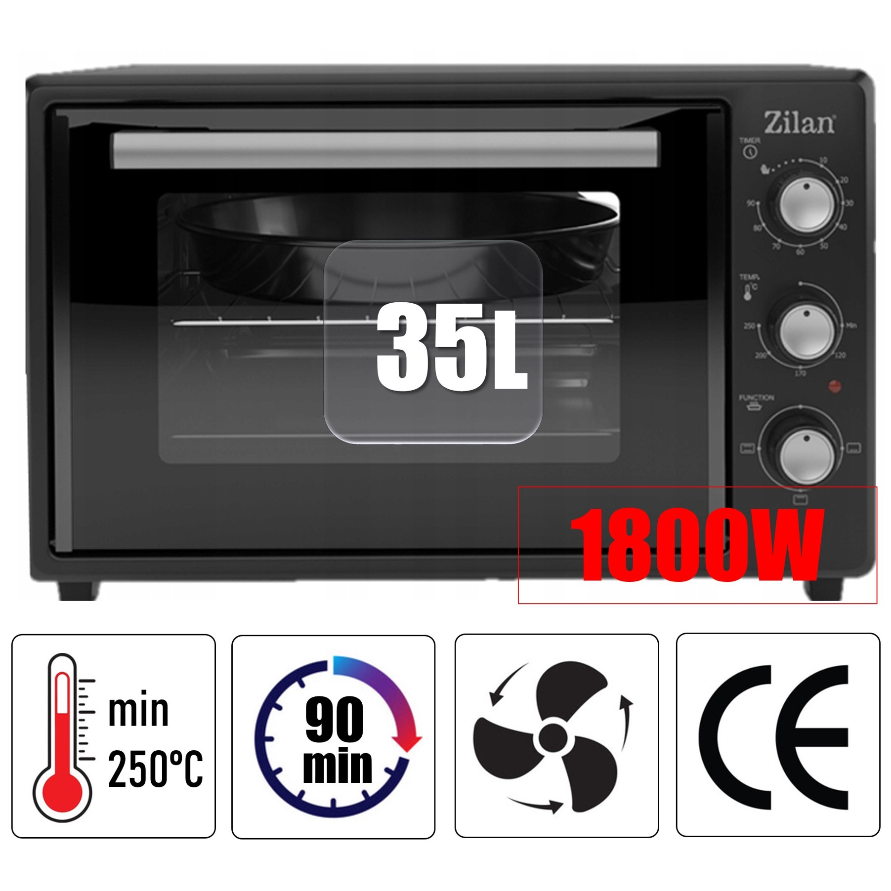 Czarny mini piekarnik Zilan, 35L, 1800W, z termometrem, timerem i ikoną wentylatora.