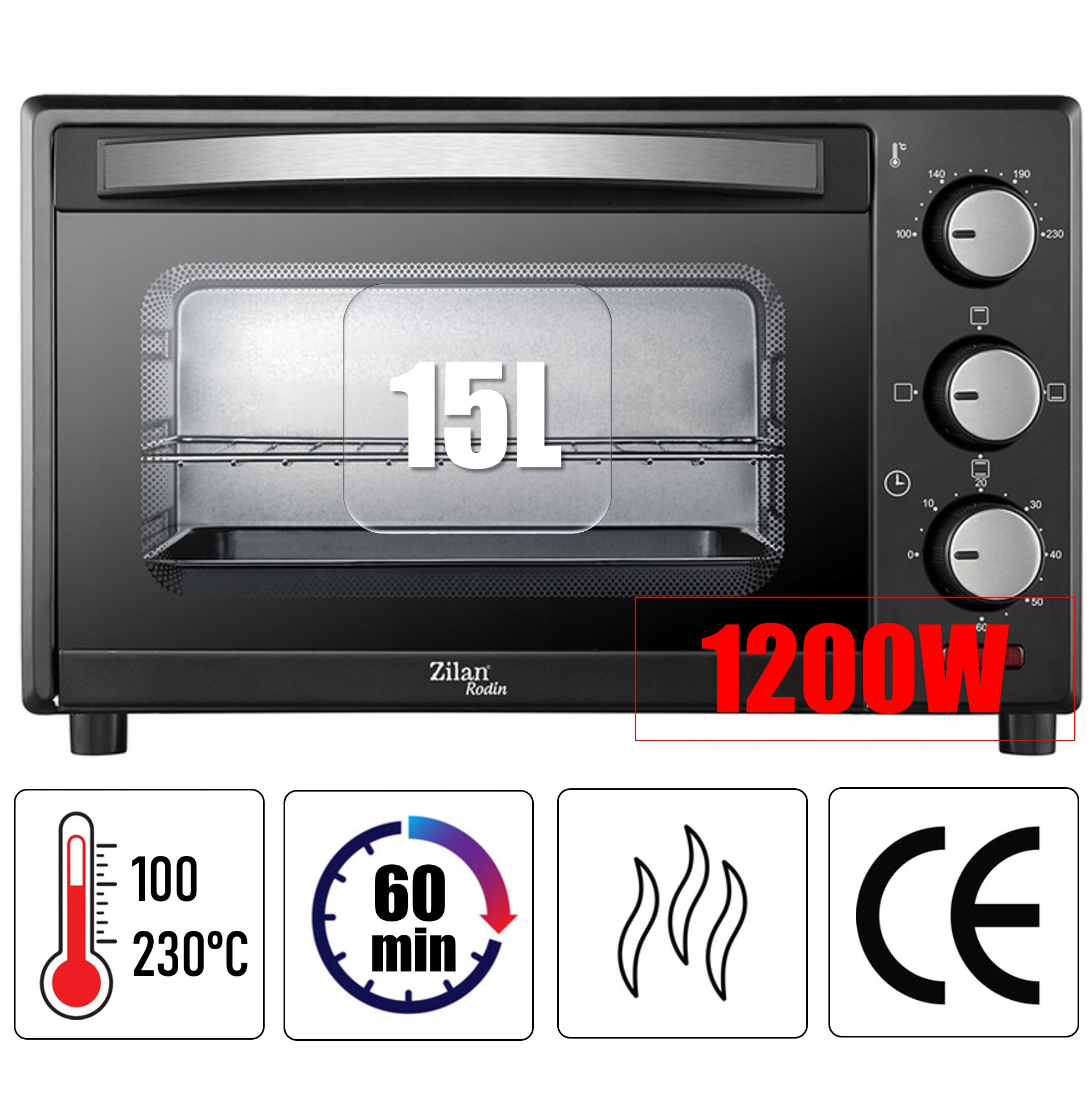 Czarny piekarnik stołowy 15L, 1200W, z regulacją temperatury i timera.