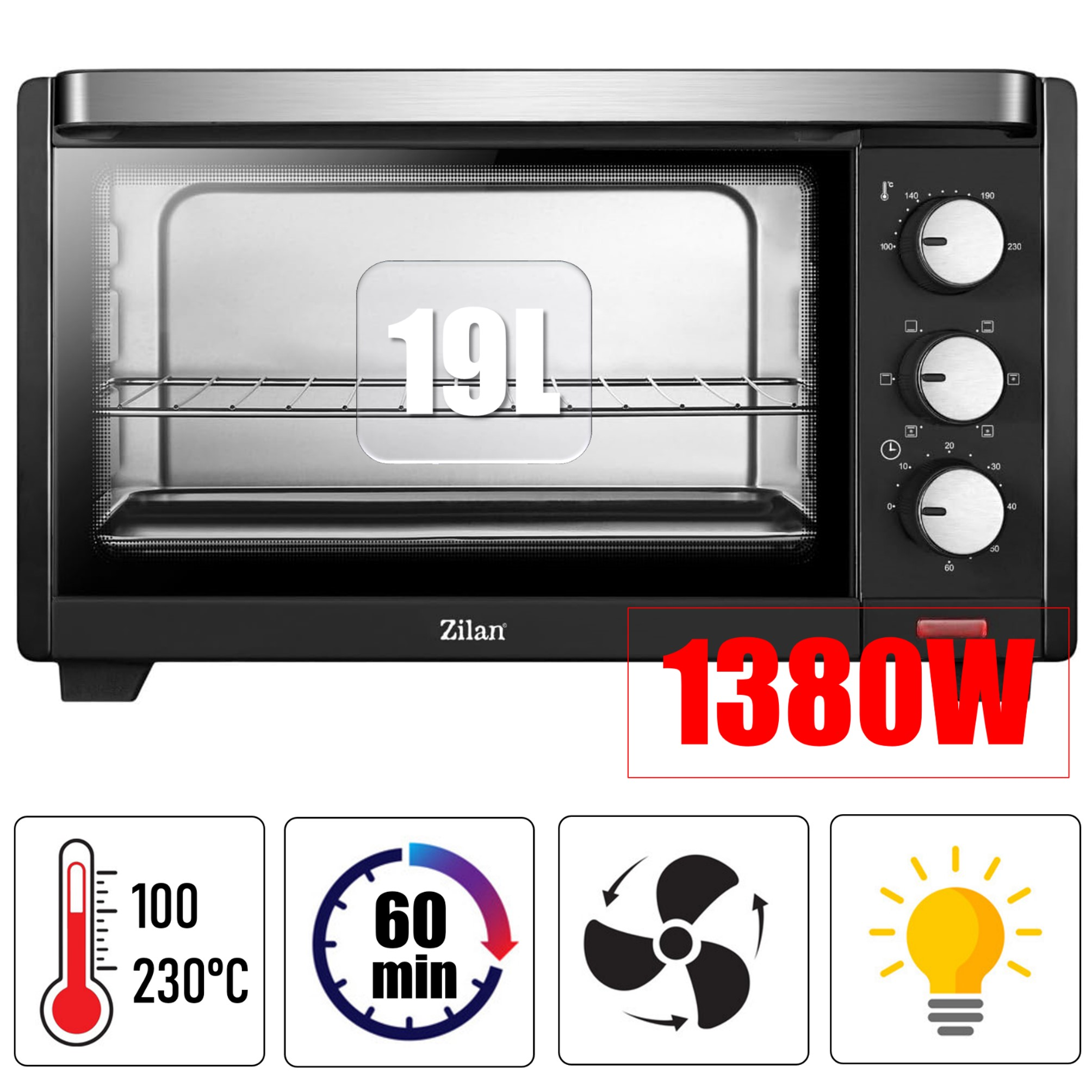 Czarny piekarnik Zilan o pojemności 19L i mocy 1380W.