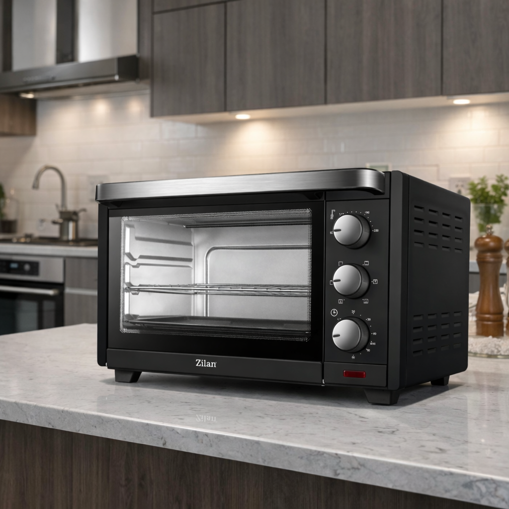 Czarny piekarnik stołowy ze srebrnymi pokrętłami na marmurowym blacie.