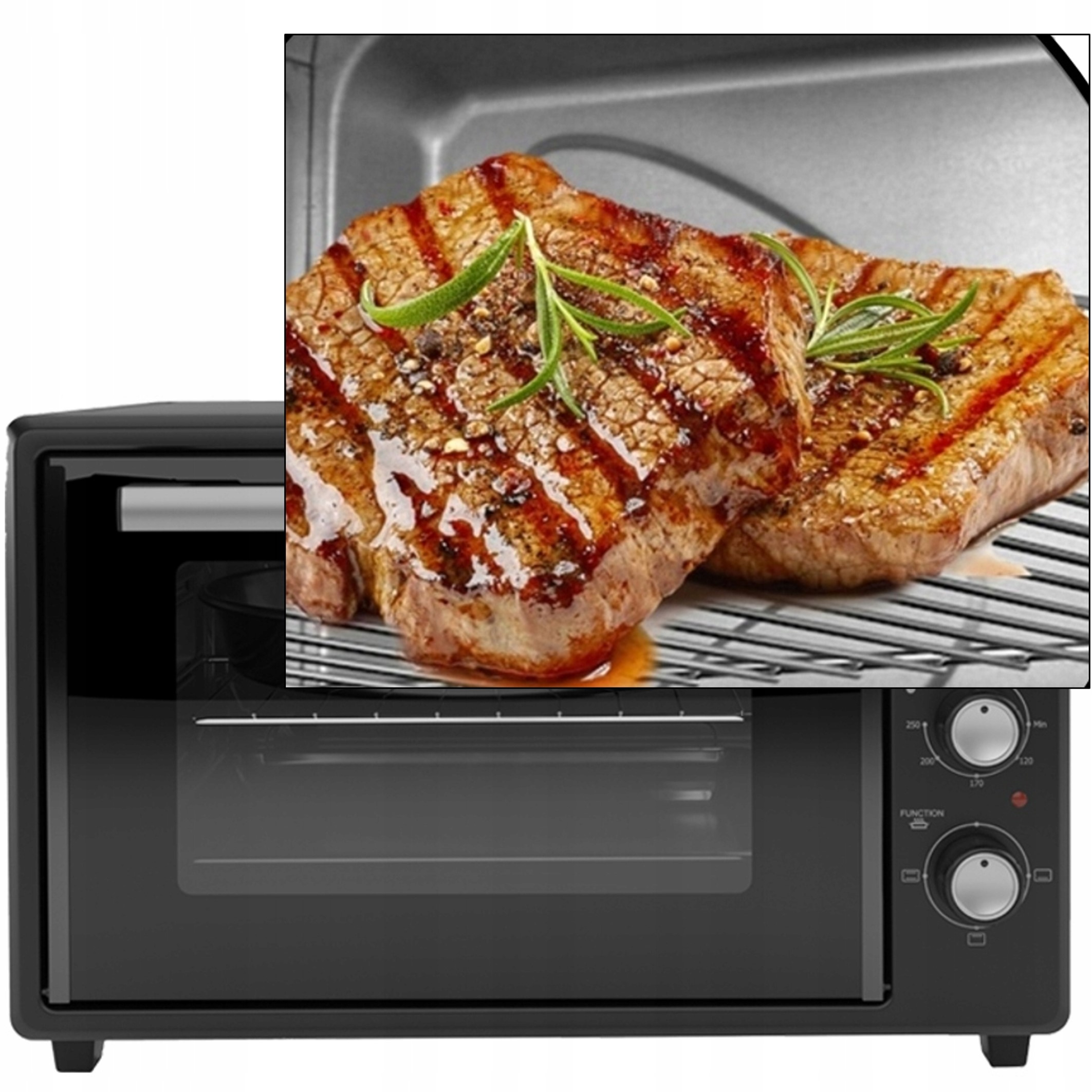 Dwa grillowane steki z rozmarynem na ruszcie przed czarnym piekarnikiem.