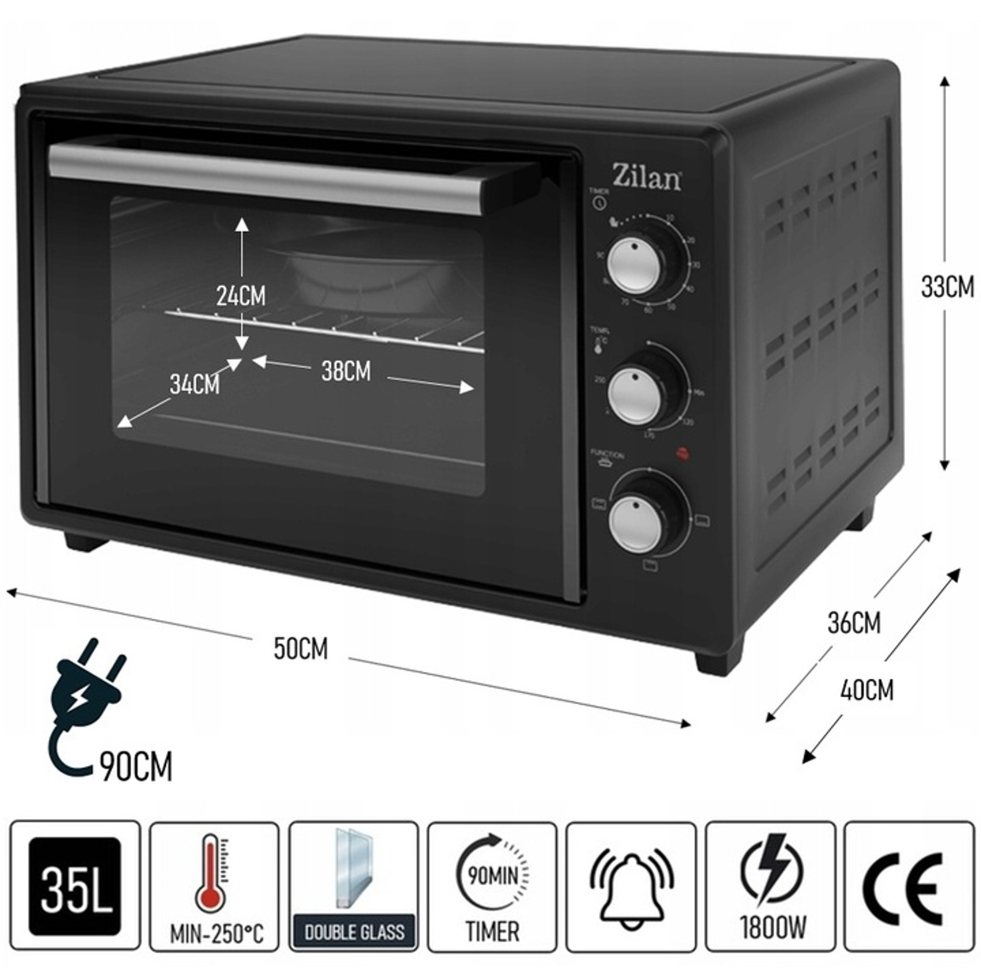 Czarny mini piekarnik Zilan z wymiarami i ikonami pojemności, temp, timera, mocy.