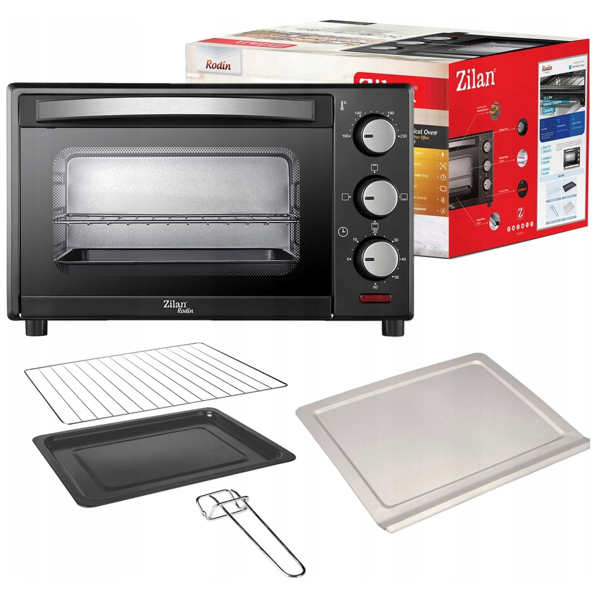 Kompaktowy czarny piekarnik elektryczny z akcesoriami: ruszt, blacha i uchwyt.