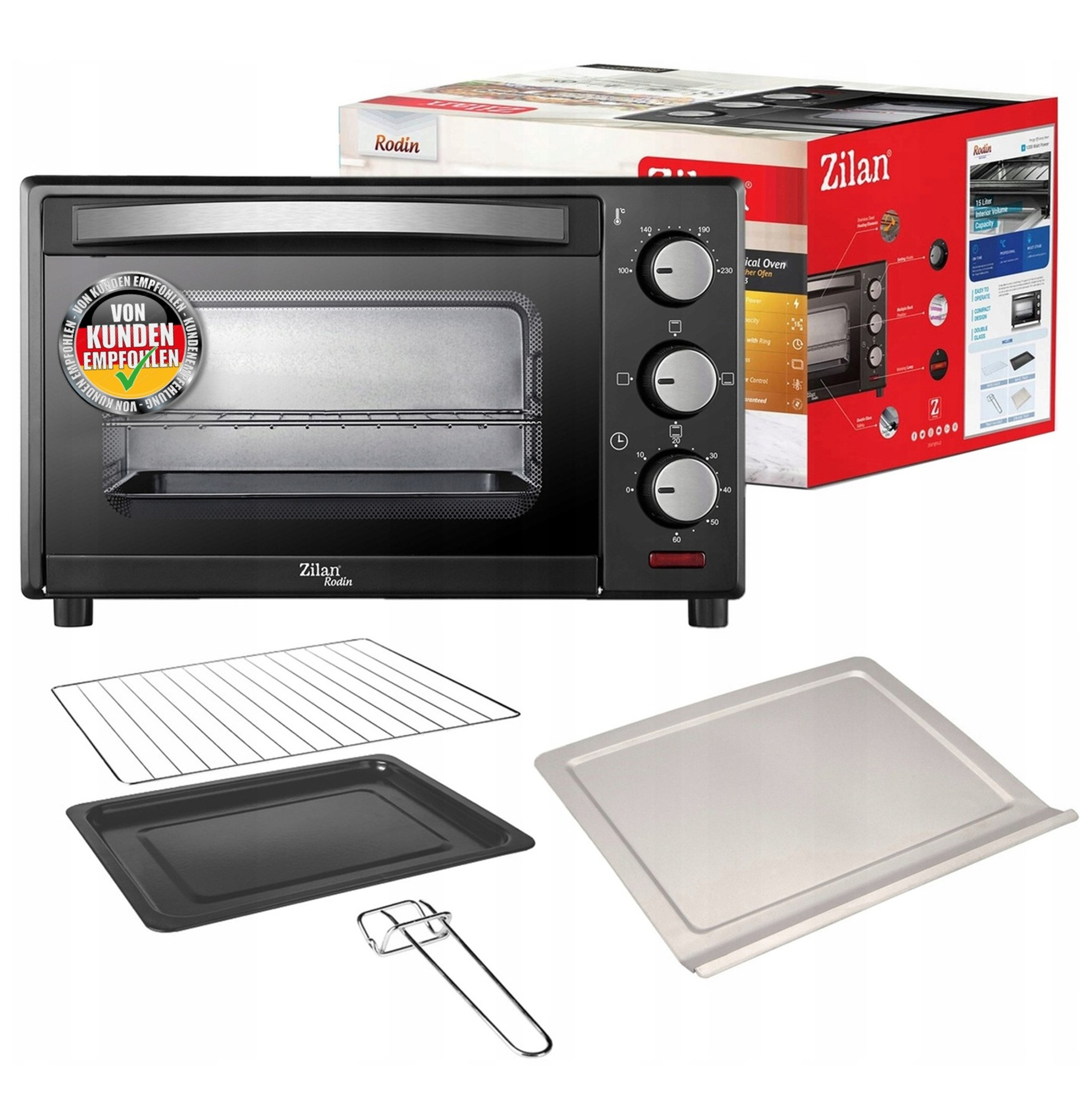 Czarny piekarnik stołowy z akcesoriami i opakowaniem. Polecany przez klientów.