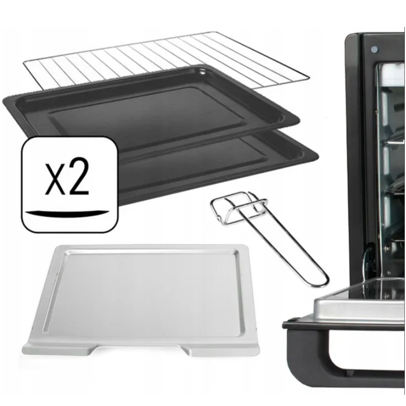 Blachy do pieczenia, ruszt, tacka na okruszki i chwytak do piekarnika.