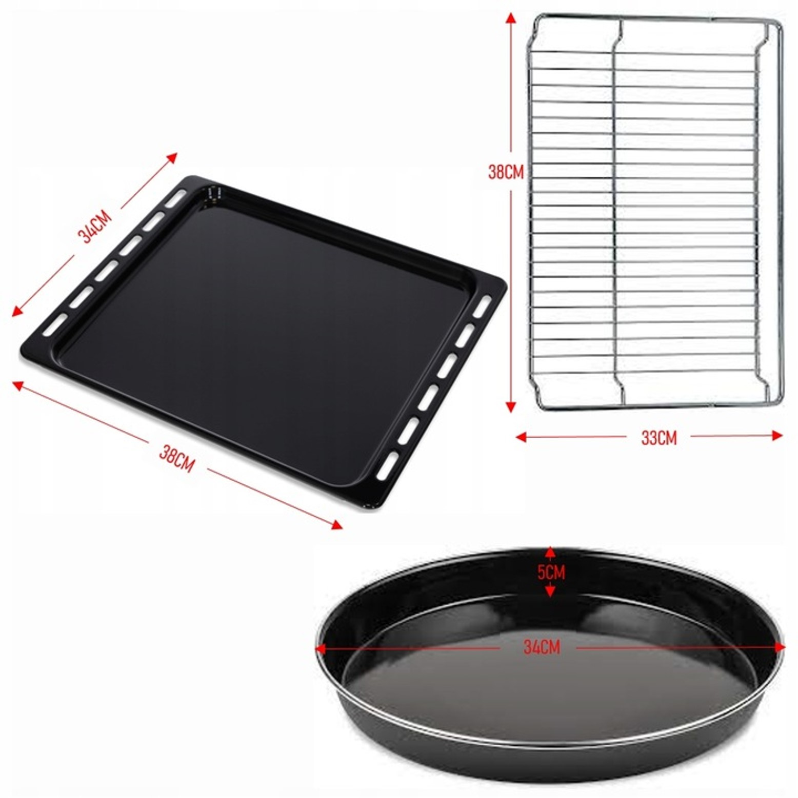 Trzy akcesoria do pieczenia: prostokątna, okrągła i ruszt.