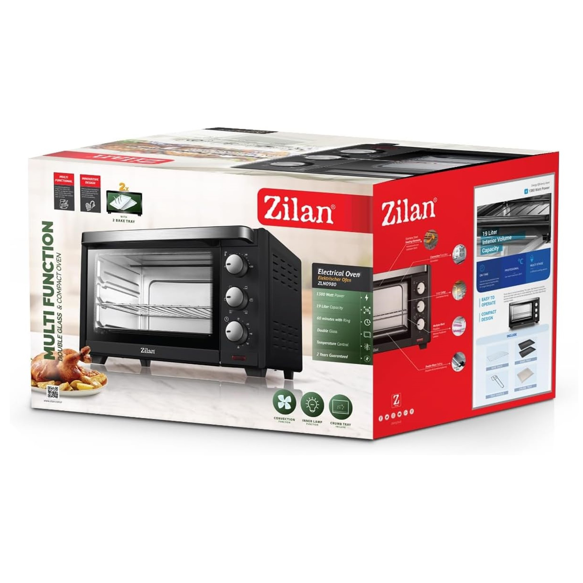 Czarny piekarnik elektryczny Zilan z pieczonym kurczakiem i ziemniakami na talerzu.