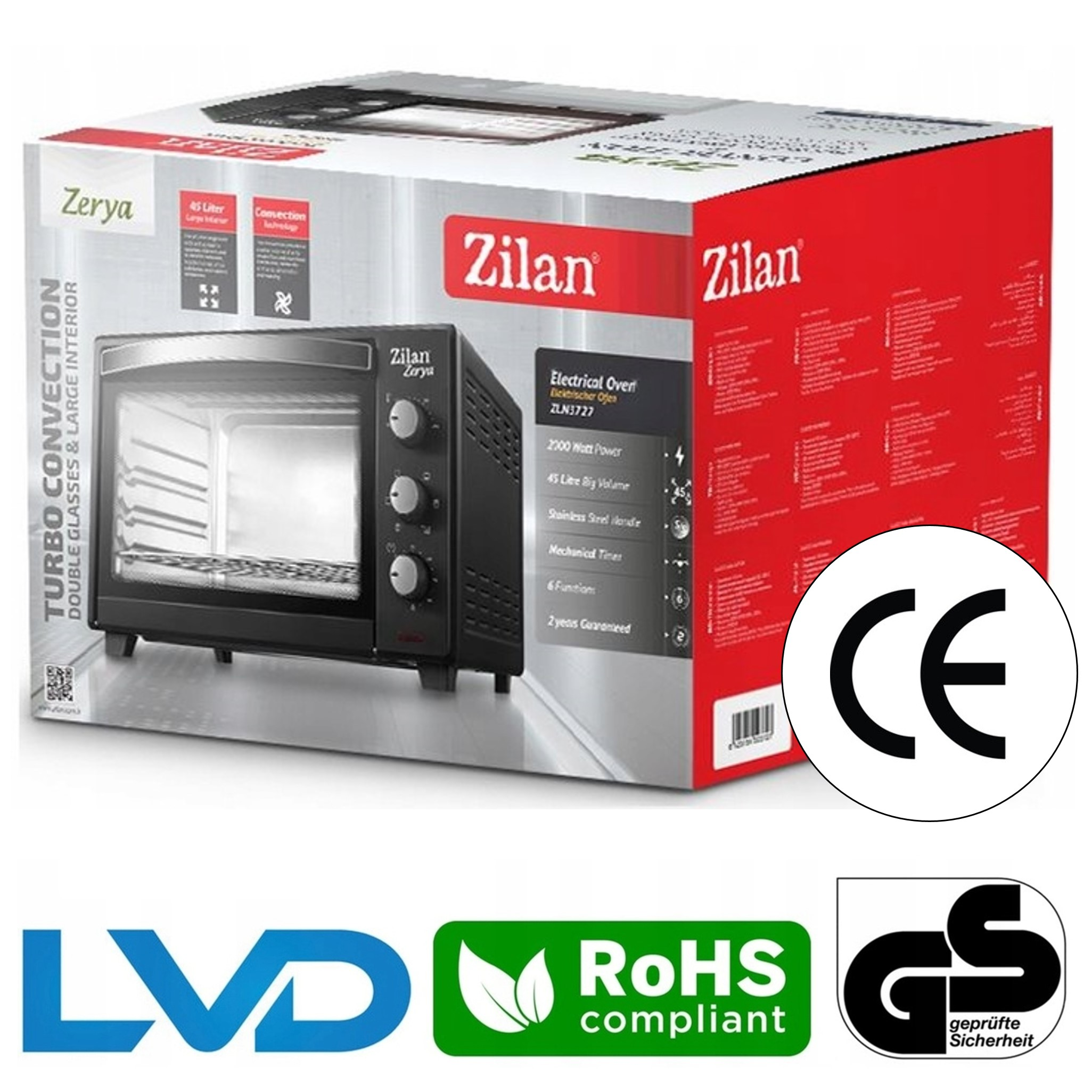 Opakowanie czarnego piekarnika elektrycznego Zilan 45L z certyfikatami CE, RoHS i GS.