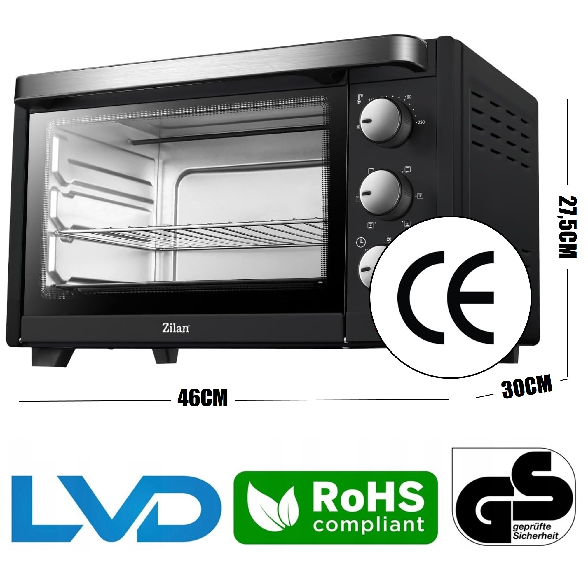 Czarny mini piekarnik Zilan pokazany z wymiarami 46cm x 30cm x 27,5cm.