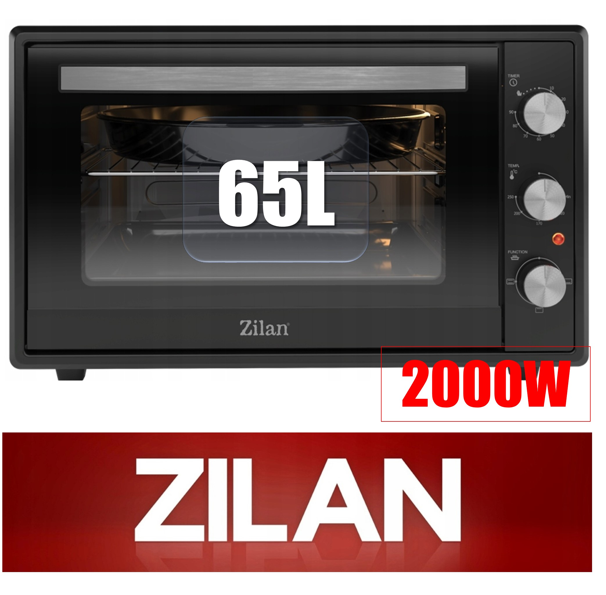 Czarny piekarnik Zilan 65L o mocy 2000W.