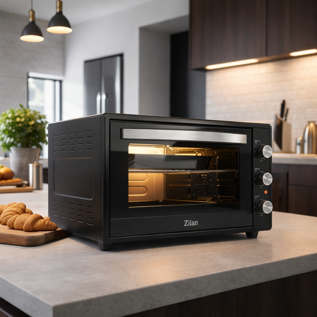 Czarny piekarnik Zilan na blat kuchenny stoi z otwartymi drzwiczkami.