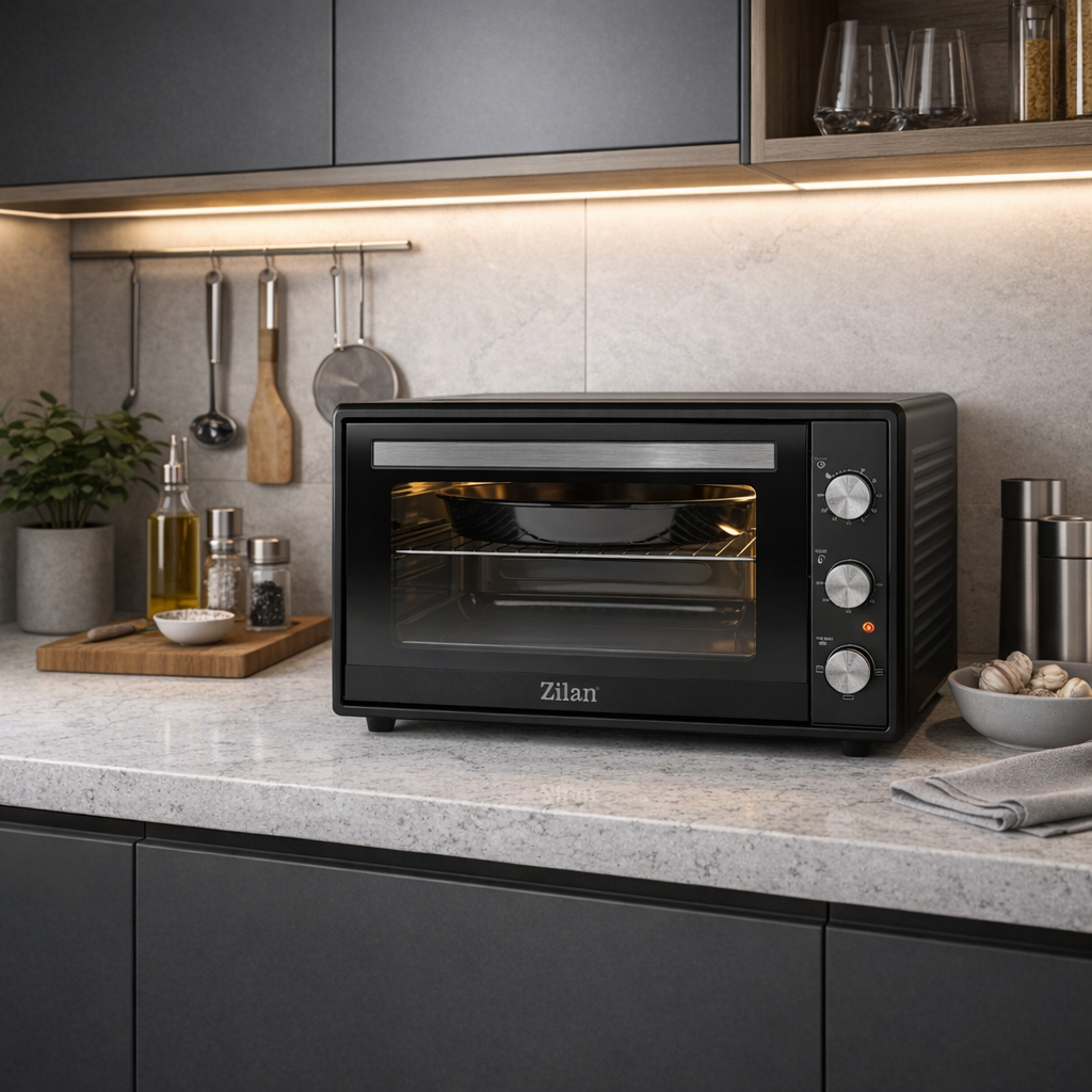 Czarny piekarnik Zilan na blacie kuchennym z przyborami i przyprawami.
