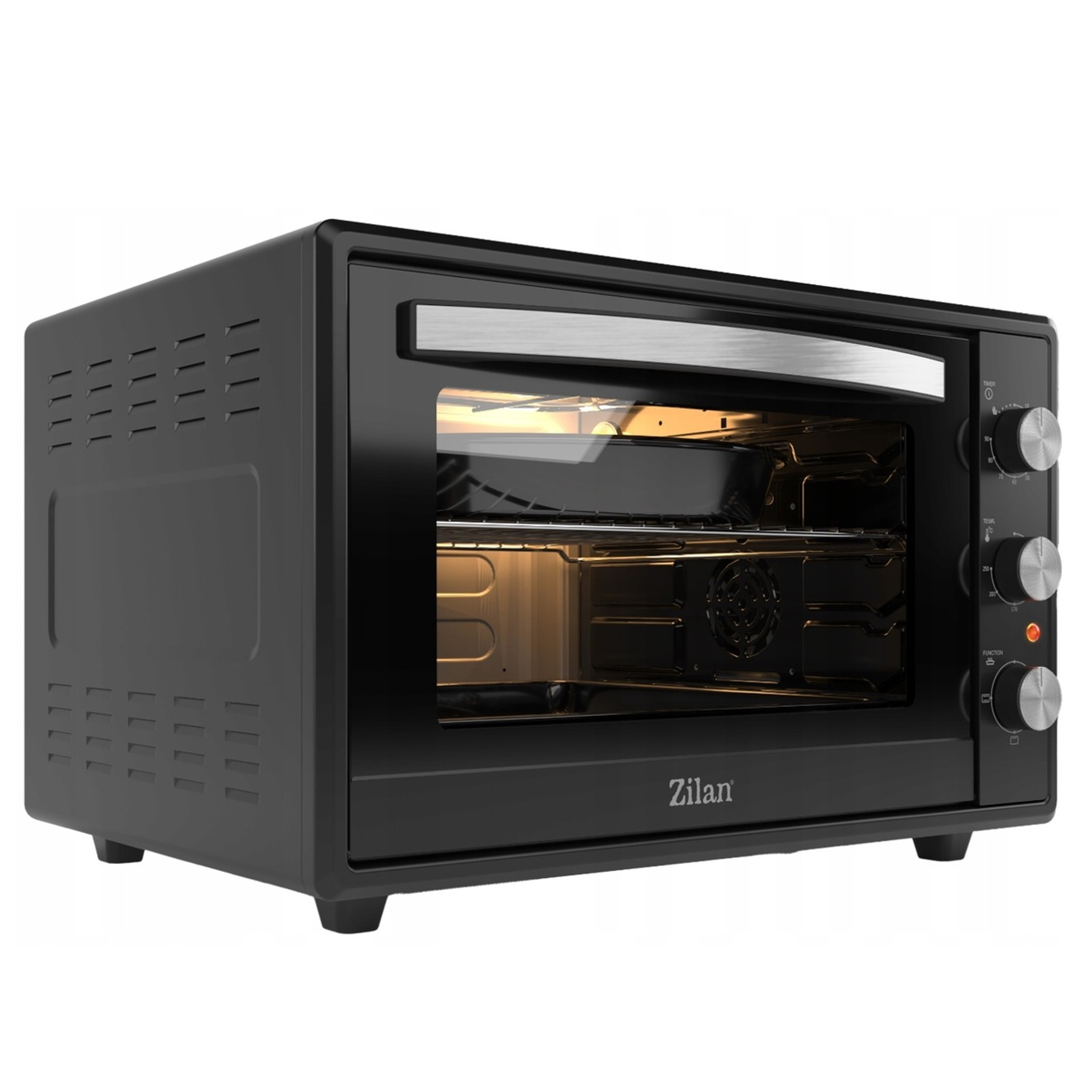 Czarny piekarnik stołowy Zilan z srebrnymi pokrętłami i szklanymi drzwiczkami.
