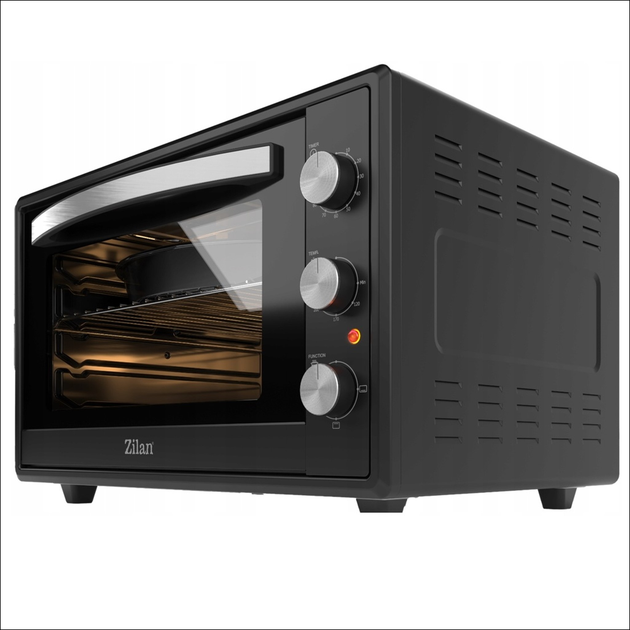 Czarny piekarnik Zilan na blat z srebrnymi pokrętłami i timerem.