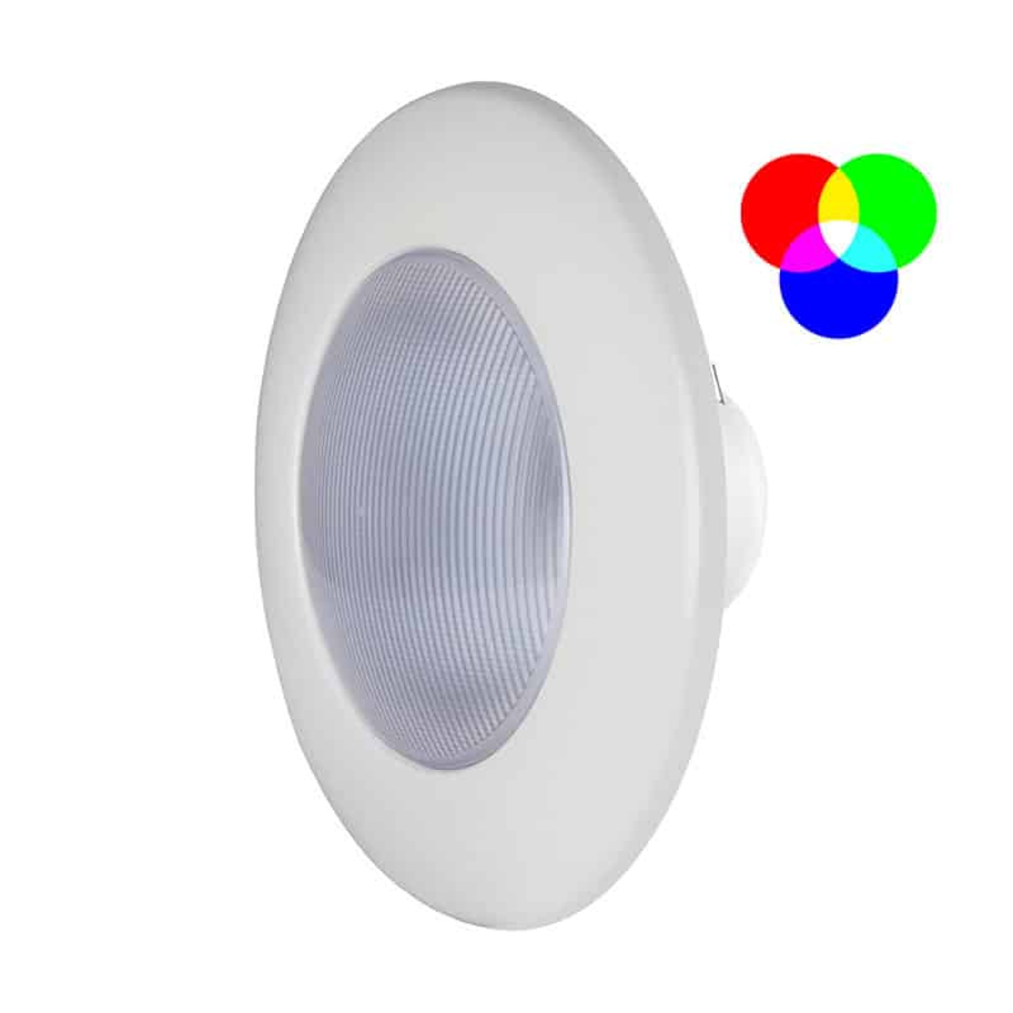 Un foco empotrado blanco con inserto acanalado e icono de mezcla de colores.